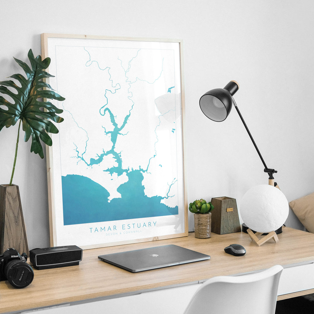 The Tamar Estuary Print, Devon Art, Plymouth Art, Map Art, Cornwall Art, River Tamar Art