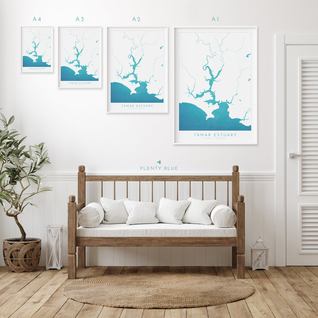 The Tamar Estuary Print, Devon Art, Plymouth Art, Map Art, Cornwall Art, River Tamar Art