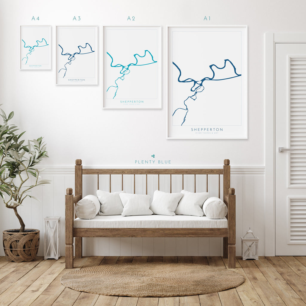 Shepperton Print - River Thames, River Wye, Weybridge Map Poster, River Thames Art, River Thames Map, Desborough Island, Surrey, Shepperton