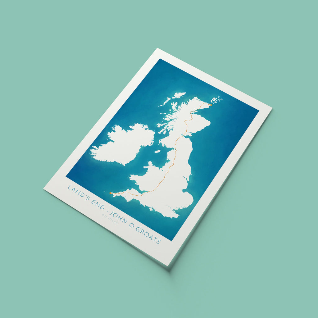 Lands End to John O'Groats Map - LEJOG Challenge, Walking, Cycling Map Art, UK Map Art