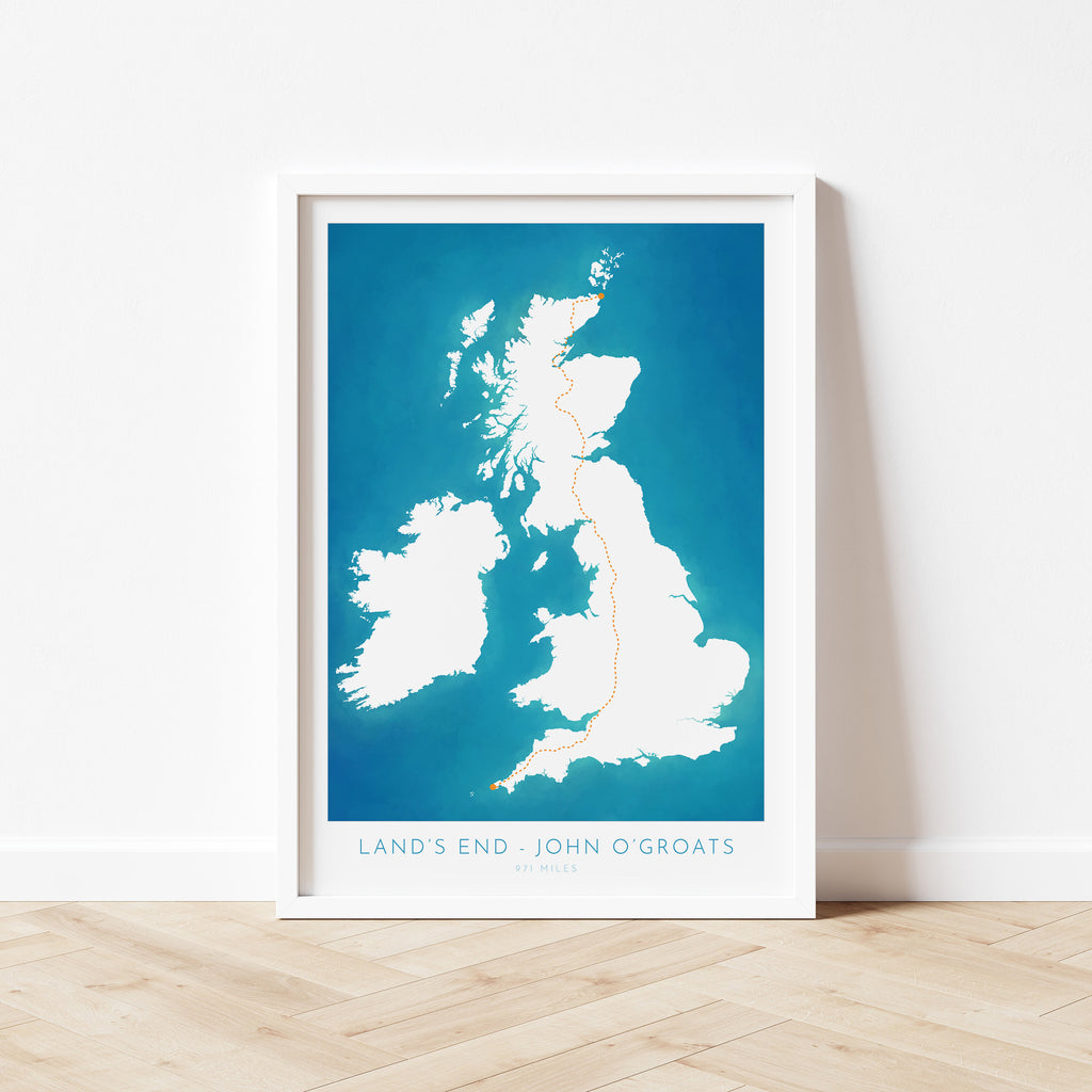 Lands End to John O'Groats Map - LEJOG Challenge, Walking, Cycling Map Art, UK Map Art