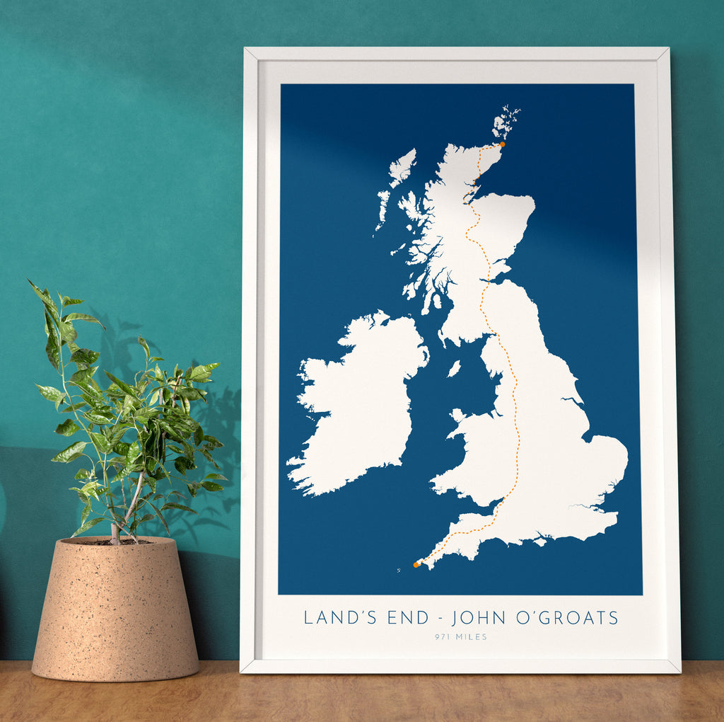 Lands End to John O'Groats Map - LEJOG Challenge, Walking, Cycling Map Art, UK Map Art