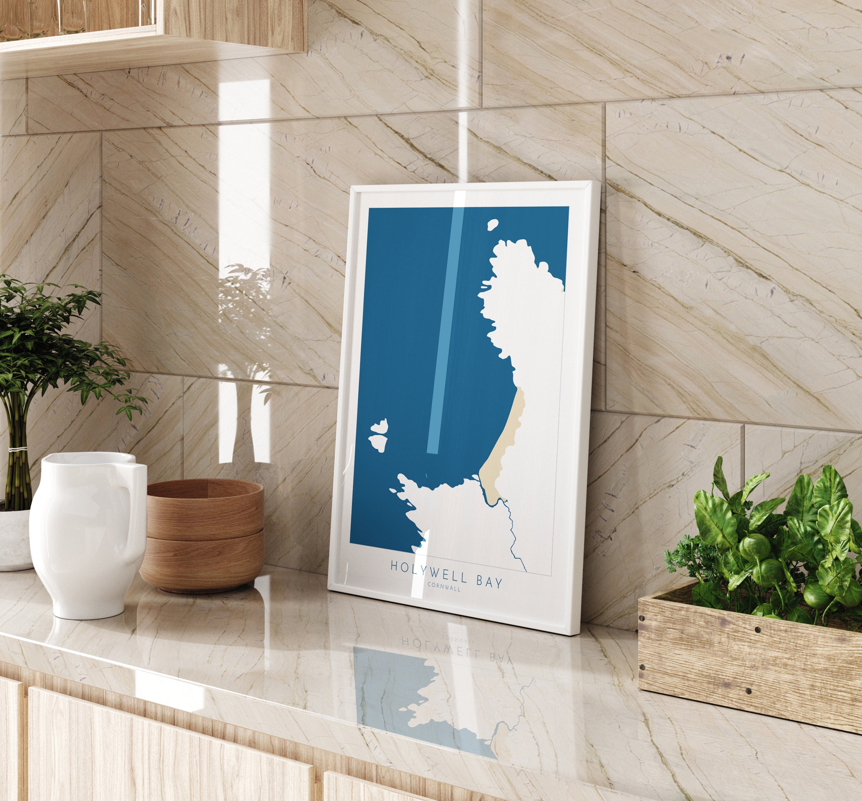 Holywell Bay Map Art - Perranporth Map Art, Cornwall Map, Cornwall Coast Map, Cornwall Beach Print, Newquay Art