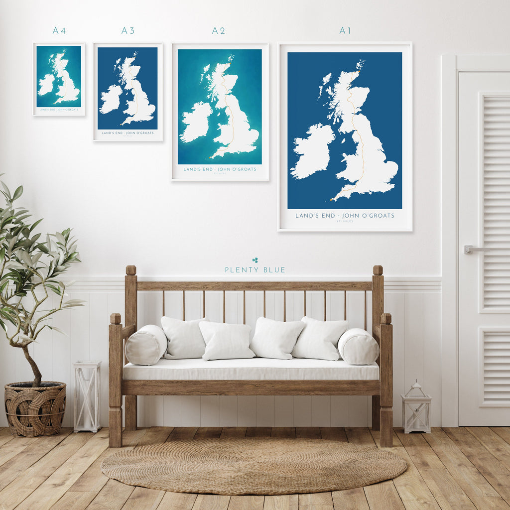 Lands End to John O'Groats Map - LEJOG Challenge, Walking, Cycling Map Art, UK Map Art