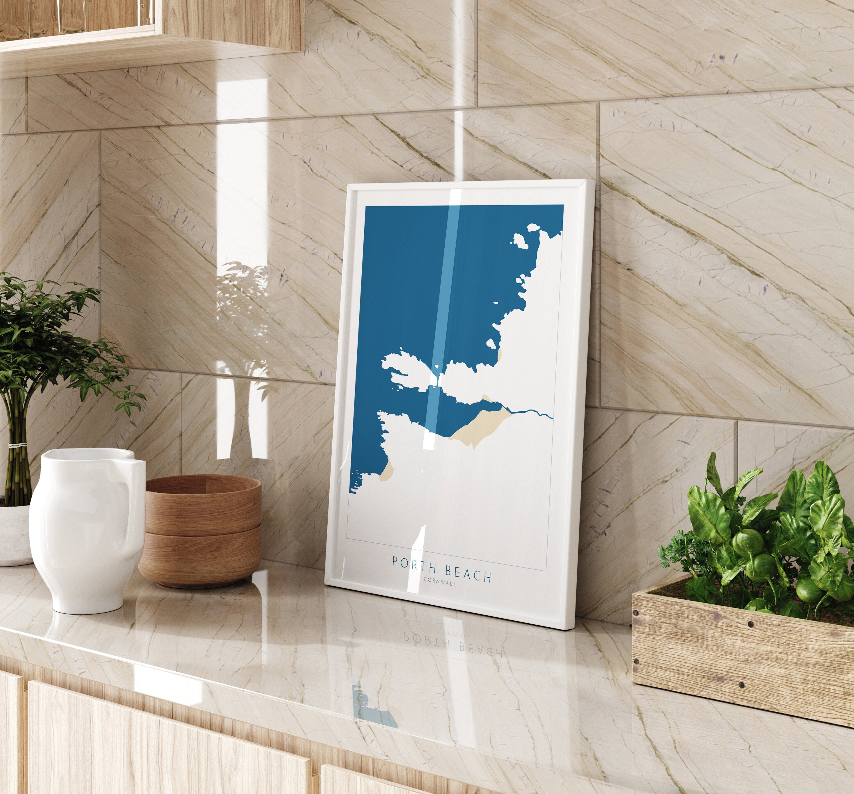 Porth Beach Art - Newquay Beach Print, Newquay Map, Cornwall Art, Cornwall Beach Art, Cornwall Coast, Porth Beach Map