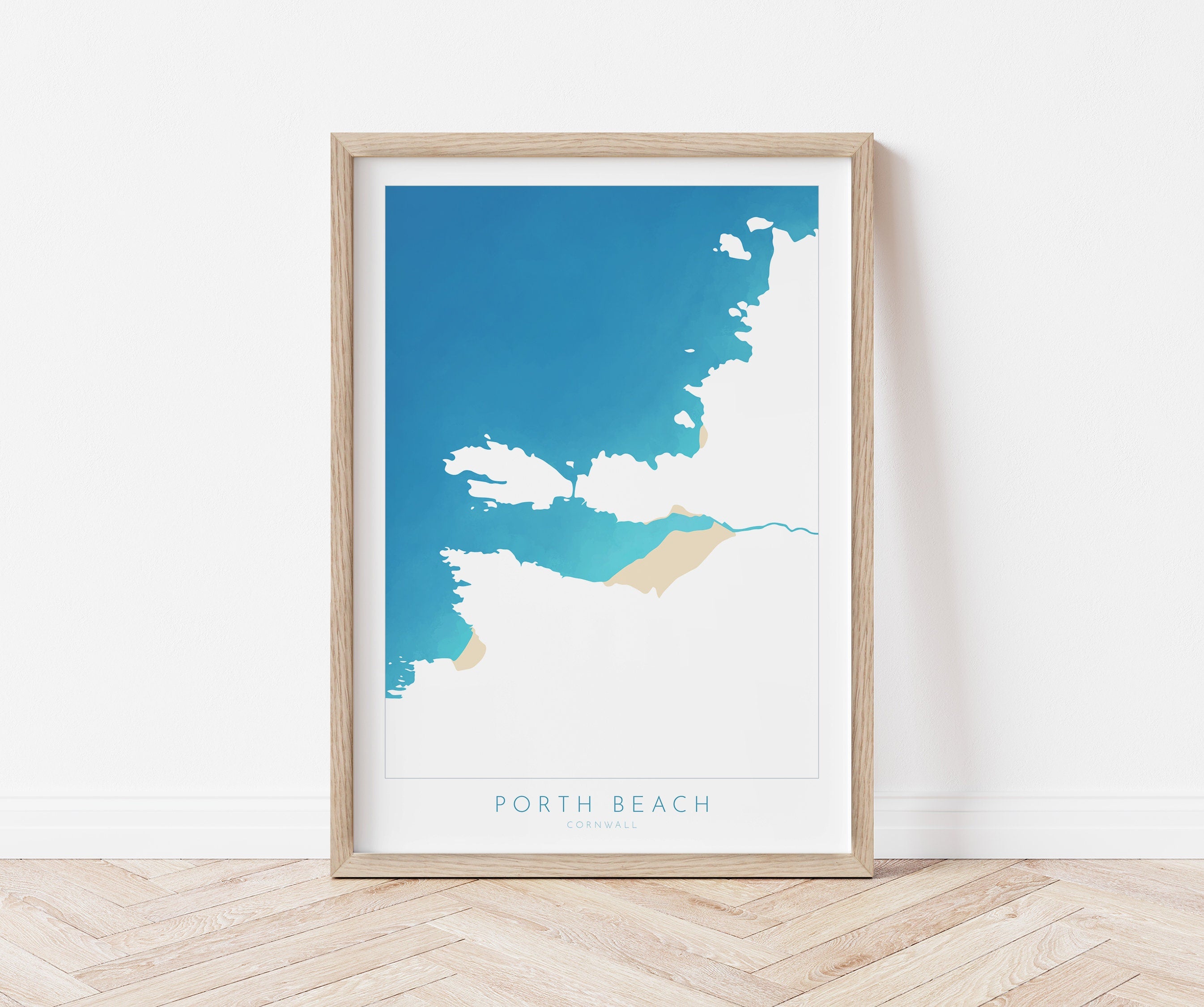 Porth Beach Art - Newquay Beach Print, Newquay Map, Cornwall Art, Cornwall Beach Art, Cornwall Coast, Porth Beach Map