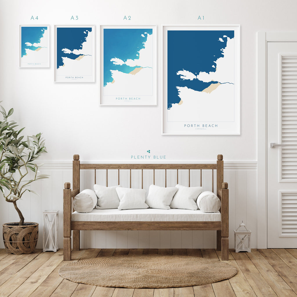 Porth Beach Art - Newquay Beach Print, Newquay Map, Cornwall Art, Cornwall Beach Art, Cornwall Coast, Porth Beach Map