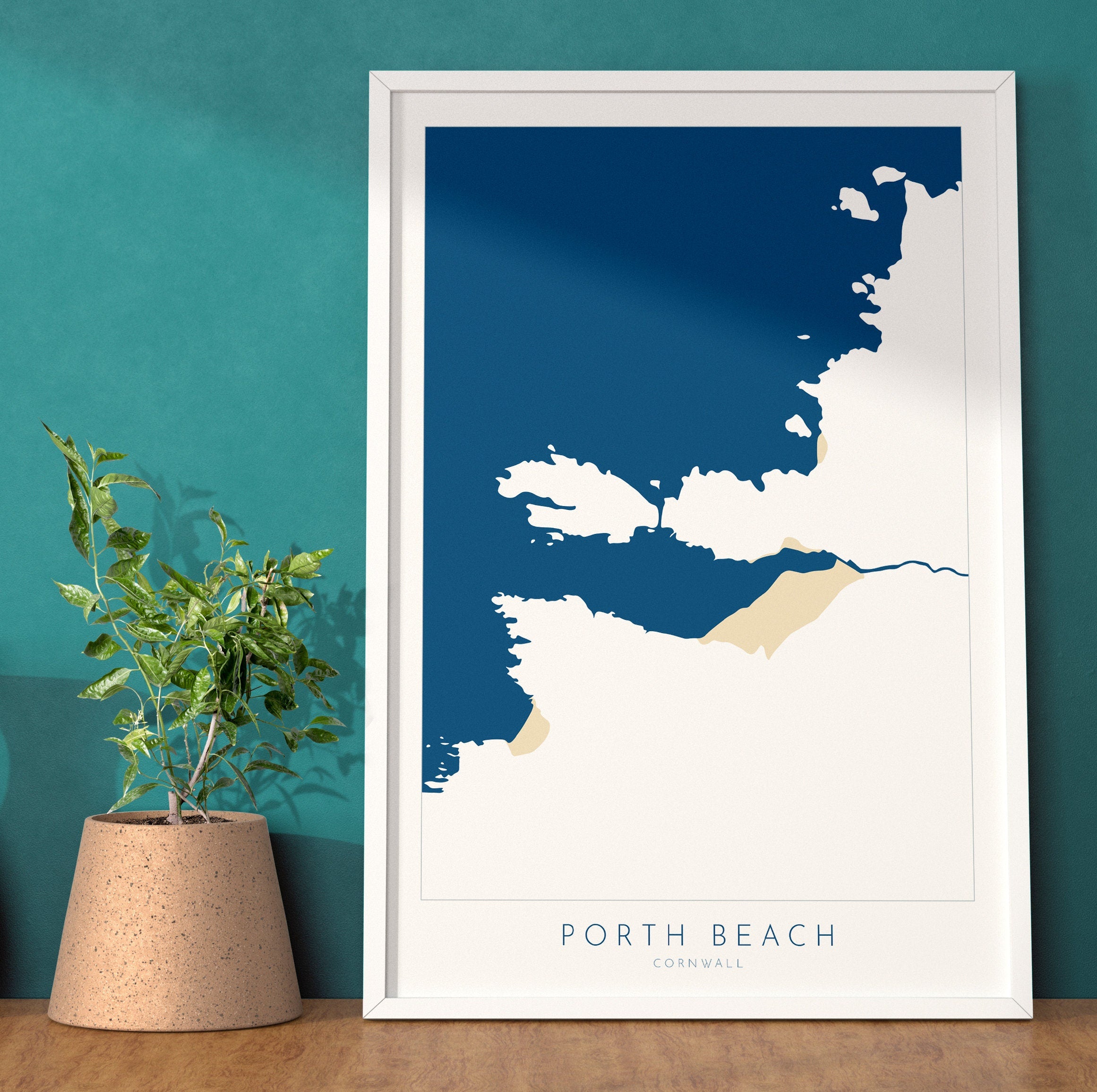 Porth Beach Art - Newquay Beach Print, Newquay Map, Cornwall Art, Cornwall Beach Art, Cornwall Coast, Porth Beach Map