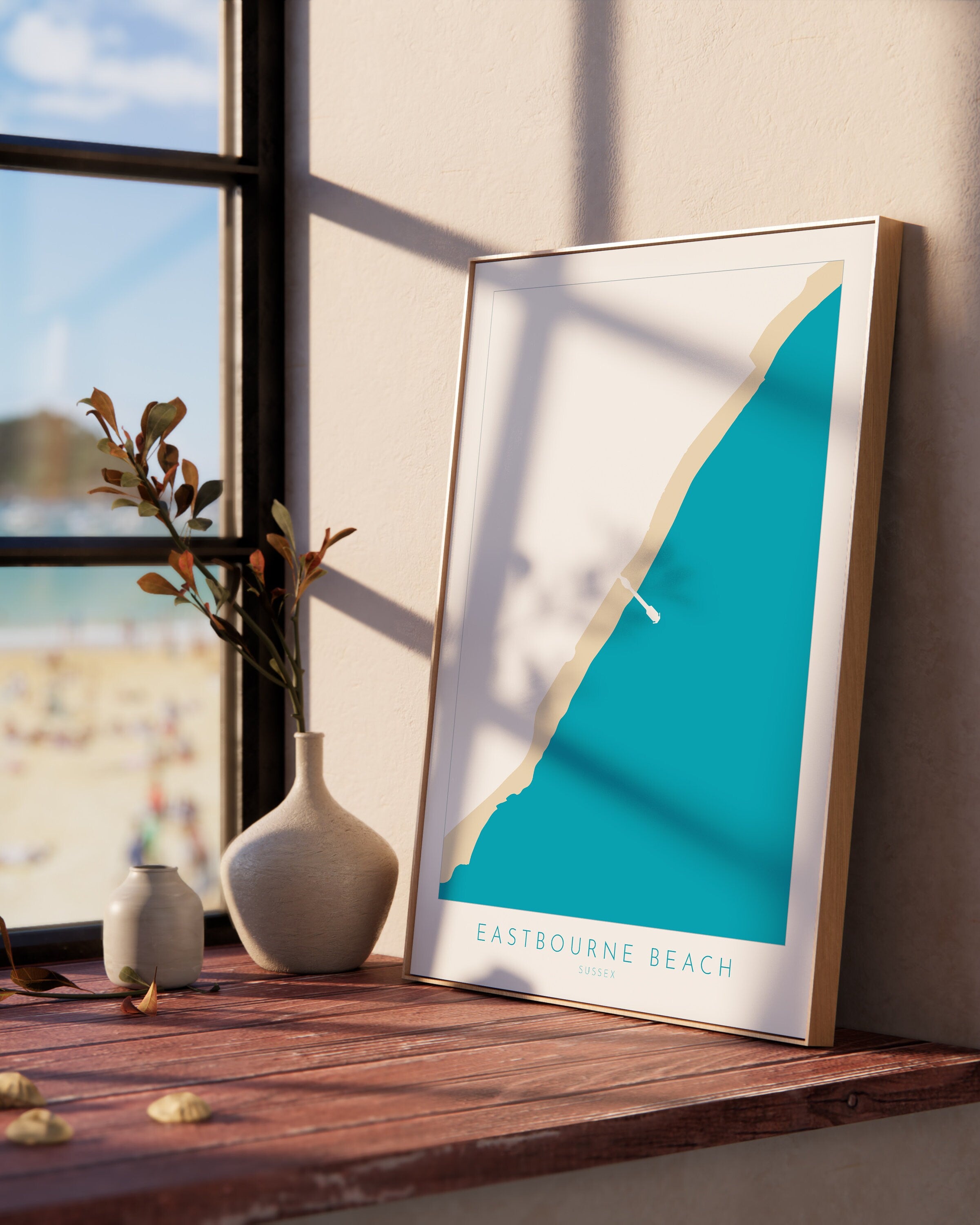 Eastbourne Beach Art - Eastbourne Map, Eastbourne Pier, Eastbourne Art, Sussex Coast, Sussex Map, Travel Print, Sussex Art