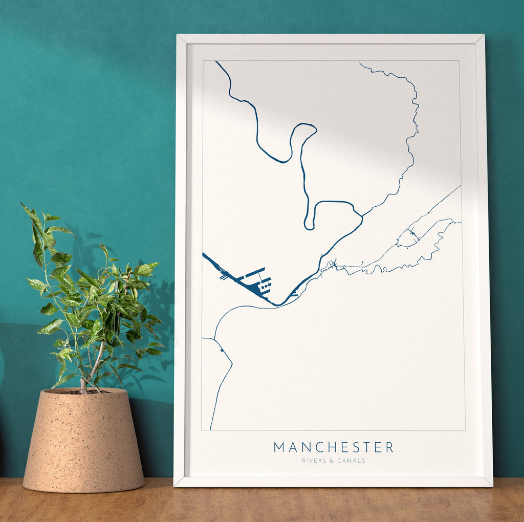 Manchester Map Art - Manchester Map, Manchester Rivers and Canals, Manchester UK Art Print, UK Rivers, UK City Map