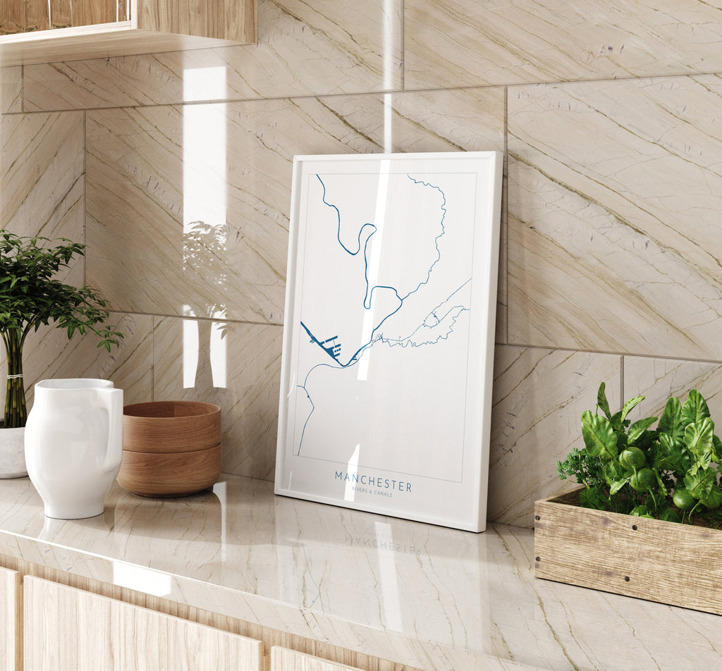 Manchester Map Art - Manchester Map, Manchester Rivers and Canals, Manchester UK Art Print, UK Rivers, UK City Map