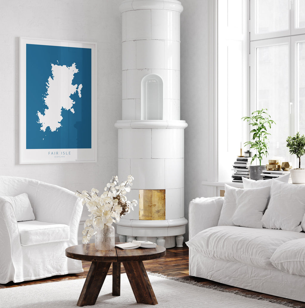 Fair Isle Map Art - Fair Isle Shetland Scotland Art Print, Shetland Scotland Gift, Scotland Map Art, Shetland Islands Map Blue