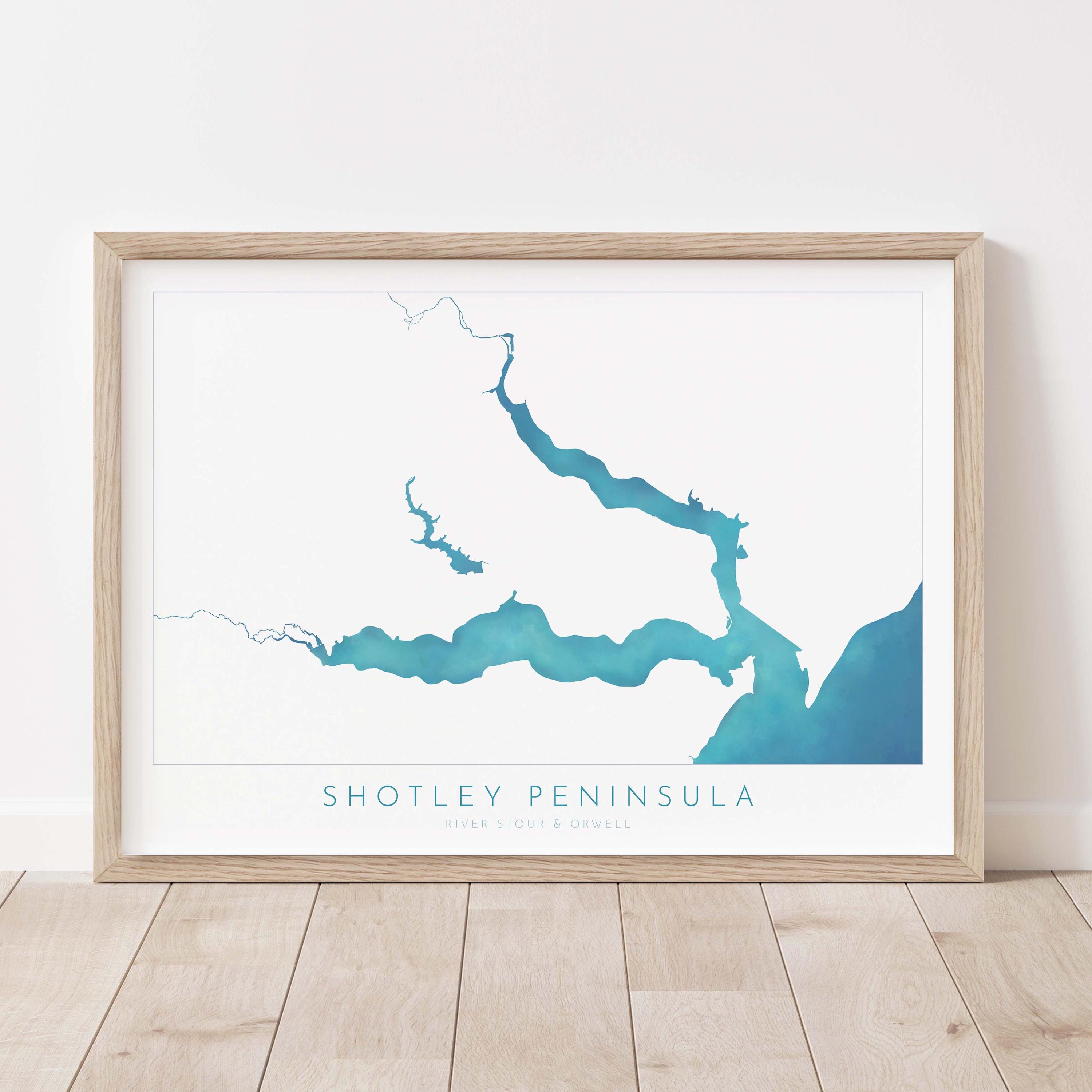 Shotley Peninsula Map Art Print, Suffolk Map, Art, River Orwell, River Stour, Essex Map, UK Rivers Map, East Anglia Map, Alton Water Map Art