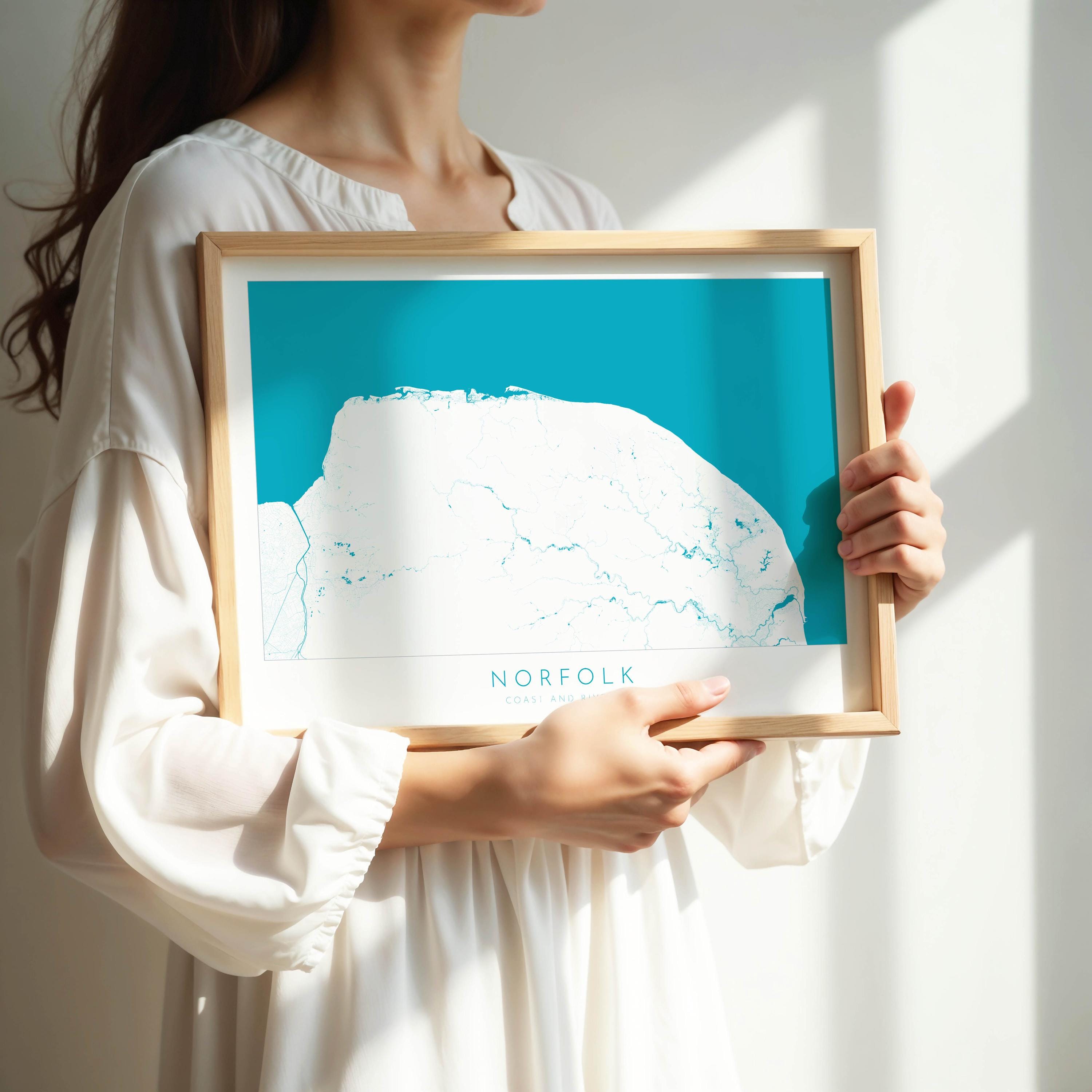 Norfolk Map Art Print - Norfolk Coast Poster, Norfolk Travel Print, Norfolk Rivers, Blakeney Point, Cromer art, Burnham Market, Holkham Art