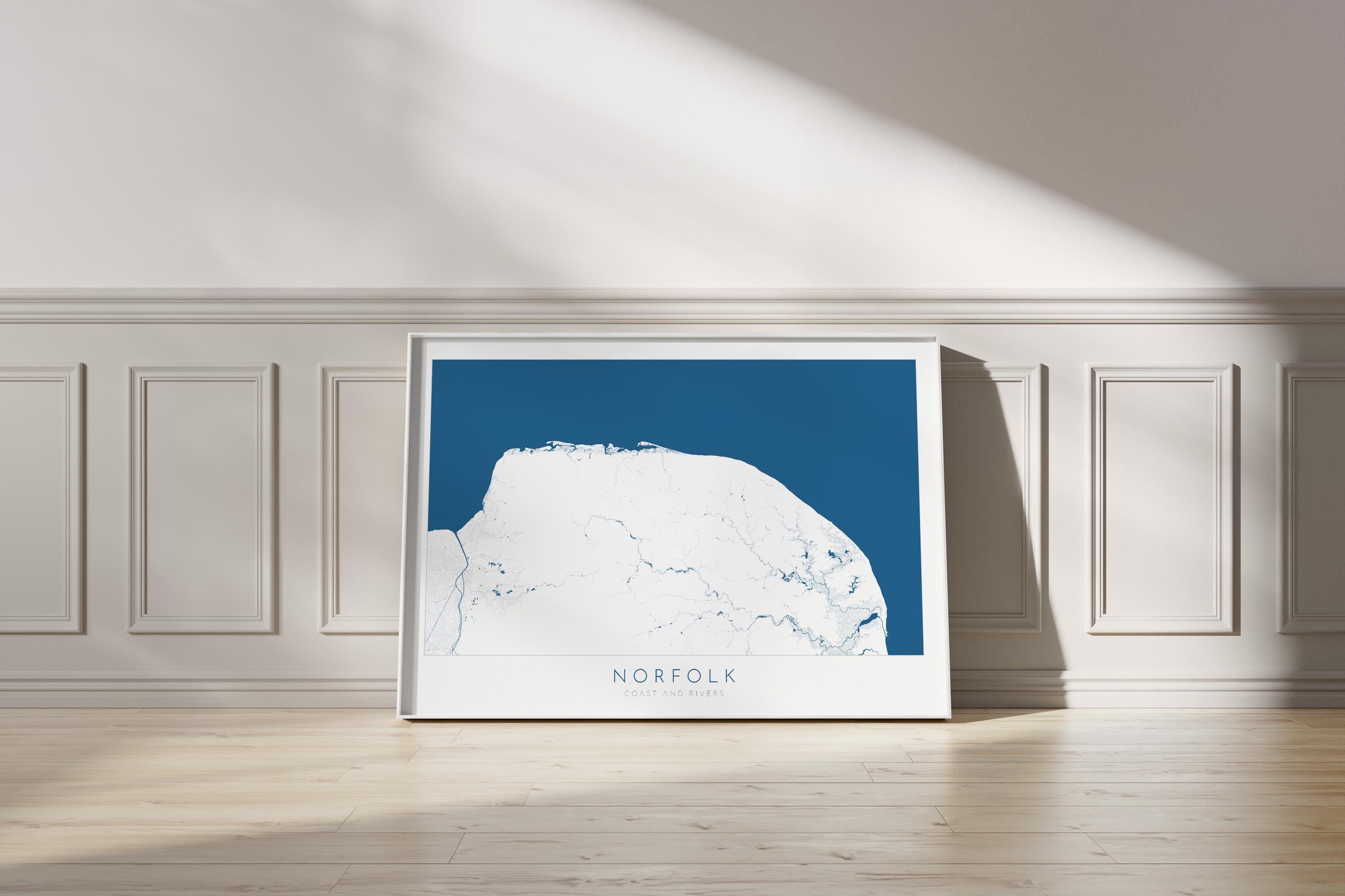 Norfolk Map Art Print - Norfolk Coast Poster, Norfolk Travel Print, Norfolk Rivers, Blakeney Point, Cromer art, Burnham Market, Holkham Art