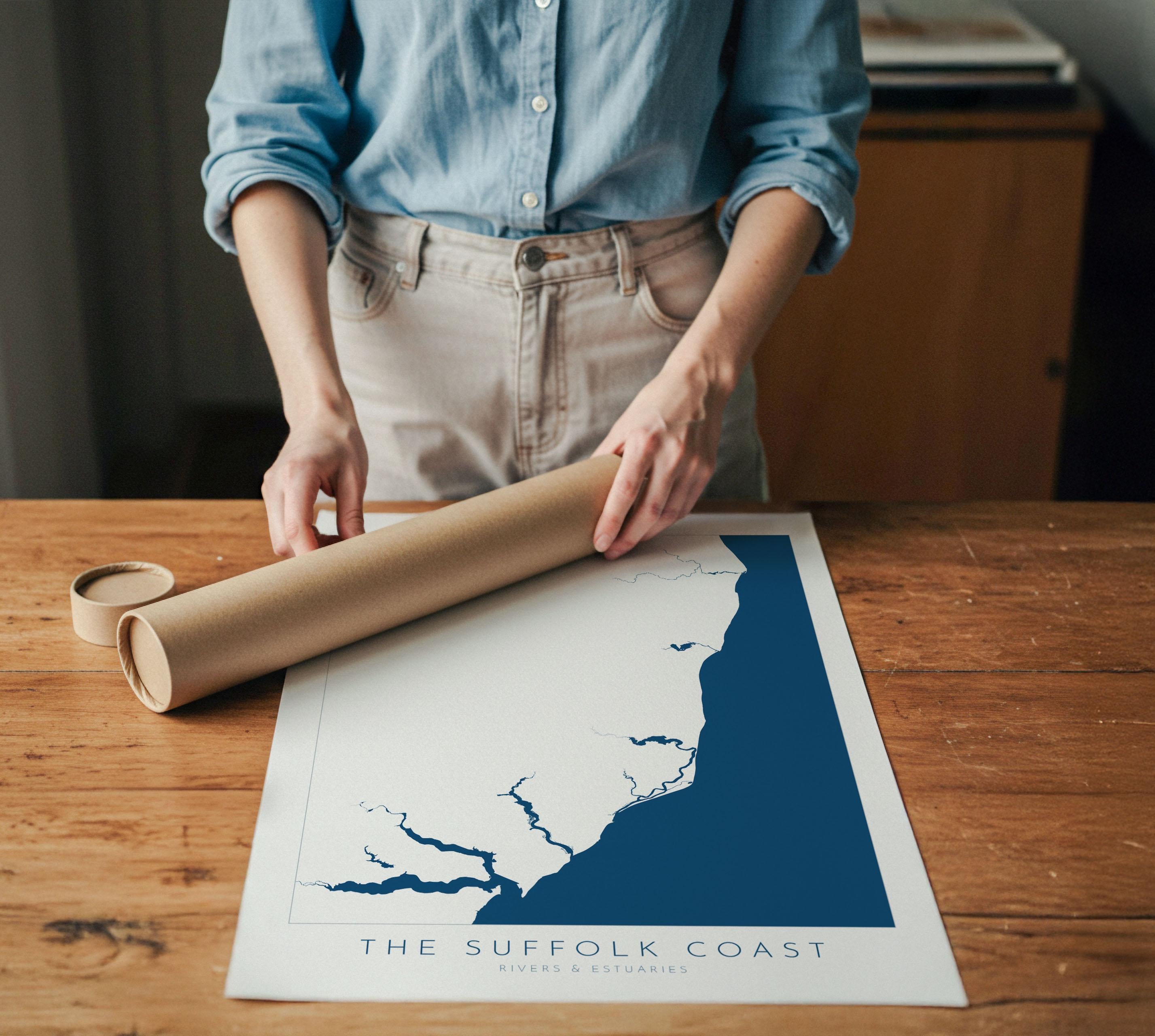 Suffolk Coast Map Art - Suffolk Map, Suffolk Coast Art, River Map, Suffolk Travel Print, River Orwell, River Deben, River Alde, River Blyth