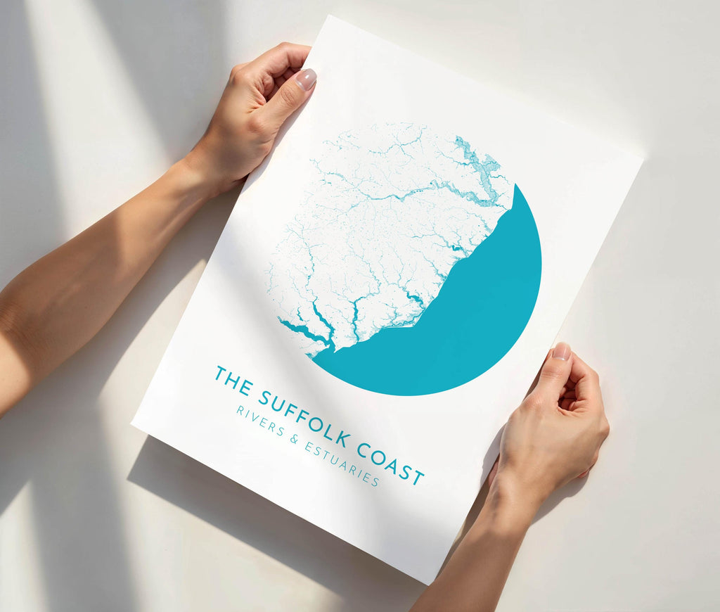 Suffolk Coast Map Art - Suffolk Map, Suffolk Coast Art, Suffolk Rivers, UK Rivers Map