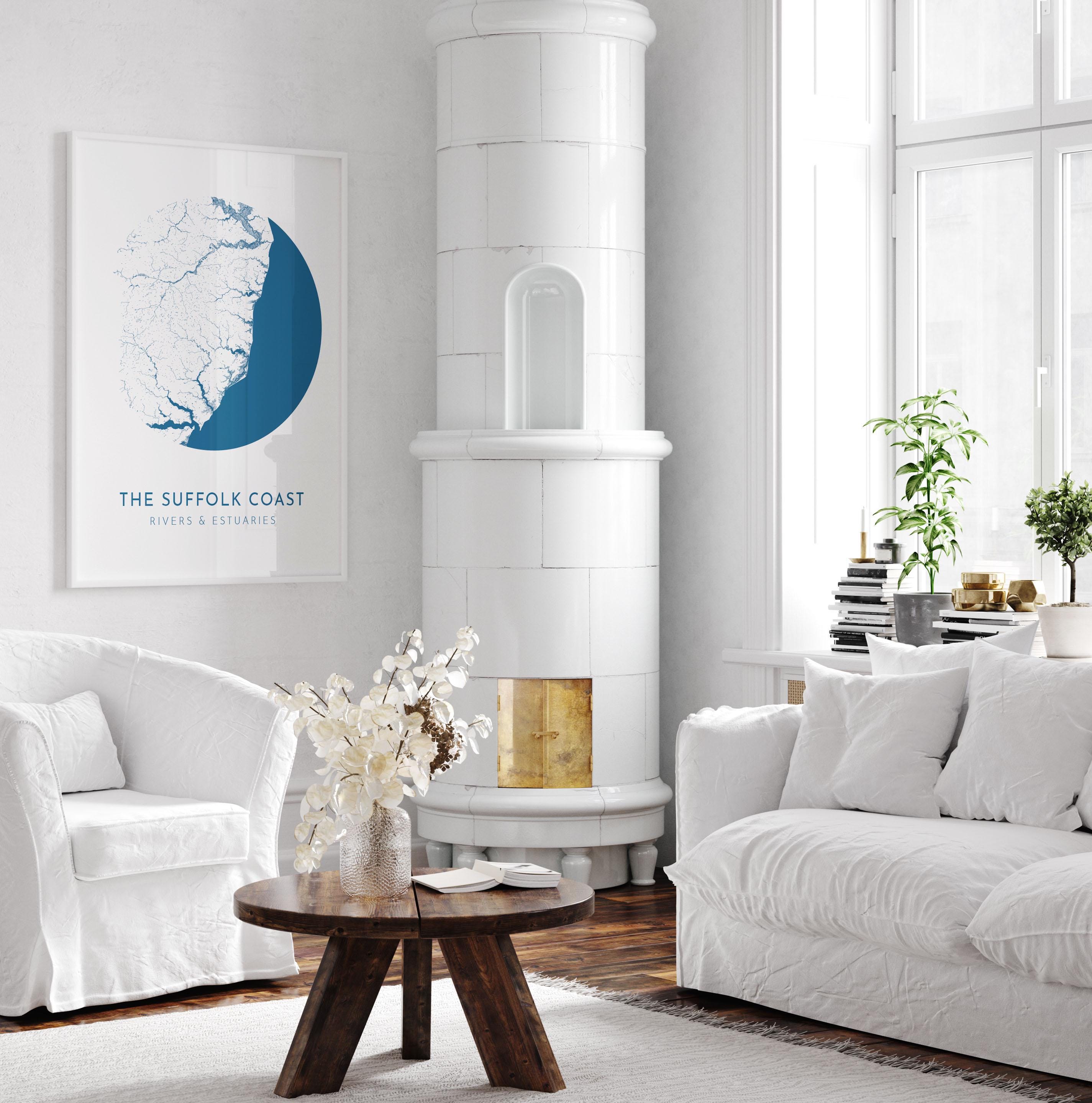 Suffolk Coast Map Art - Suffolk Map, Suffolk Coast Art, Suffolk Rivers, UK Rivers Map