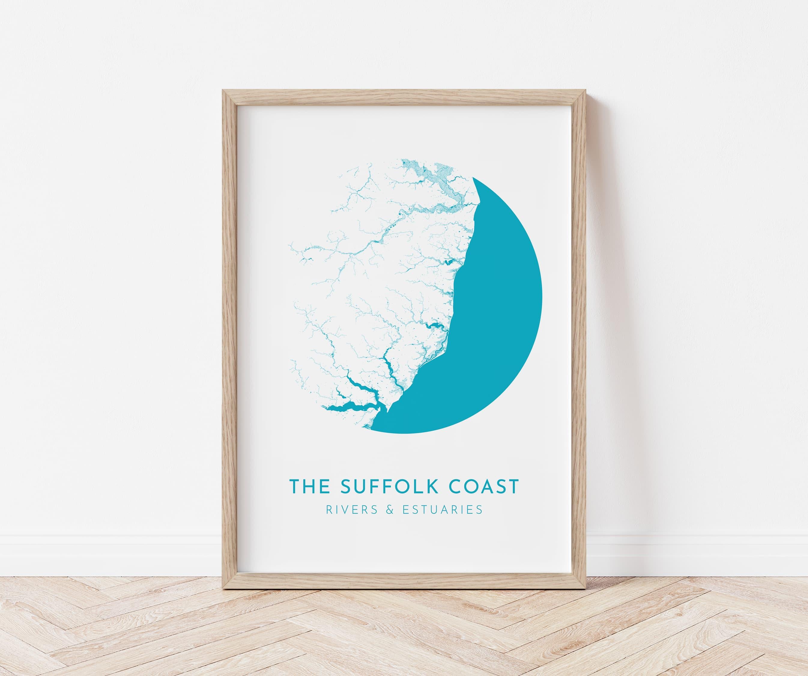Suffolk Coast Map Art - Suffolk Map, Suffolk Coast Art, Suffolk Rivers, UK Rivers Map