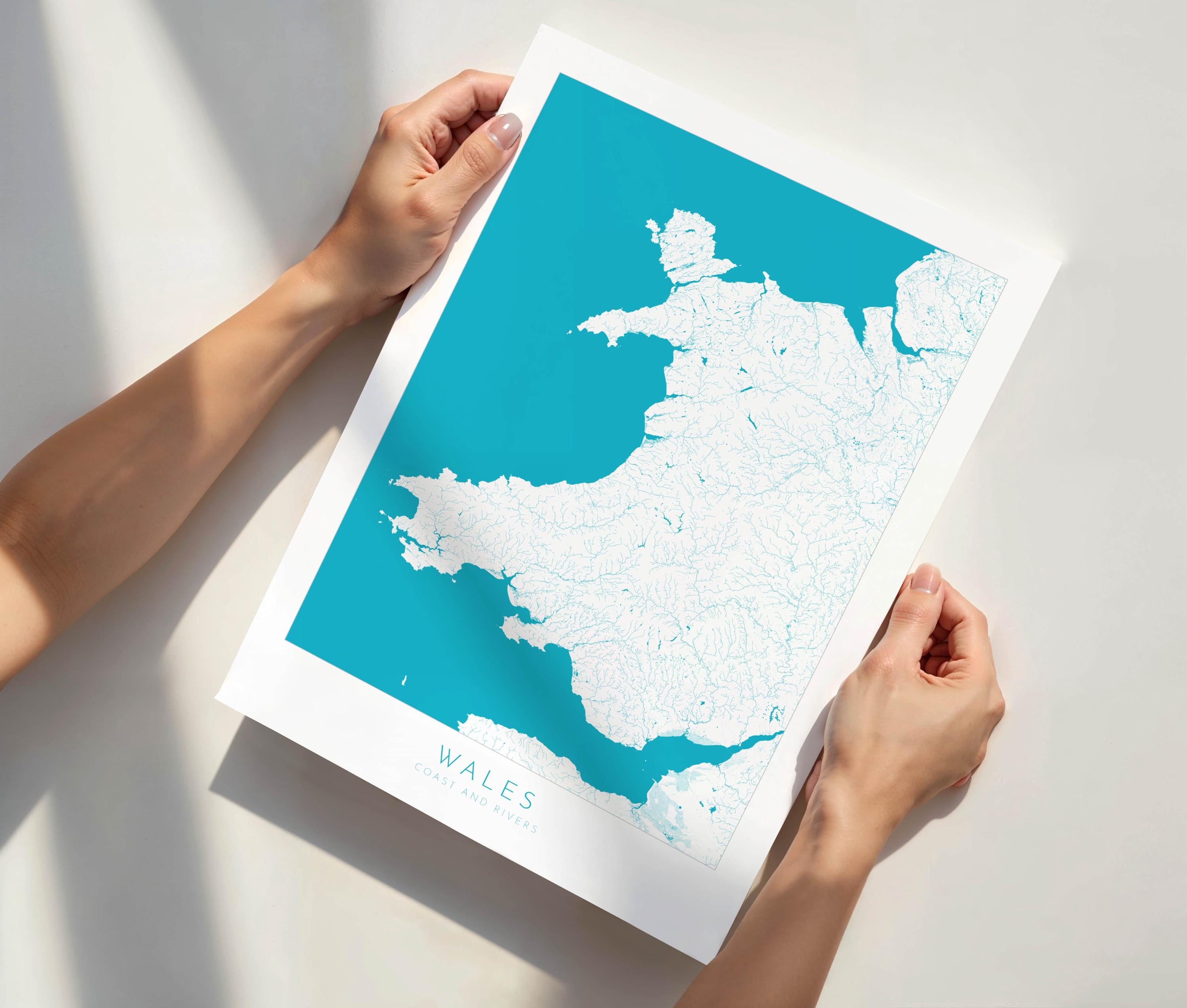 Wales Map Art - Wales Coast and Rivers Map, Wales Coastline and Rivers Art, Wales Art Poster