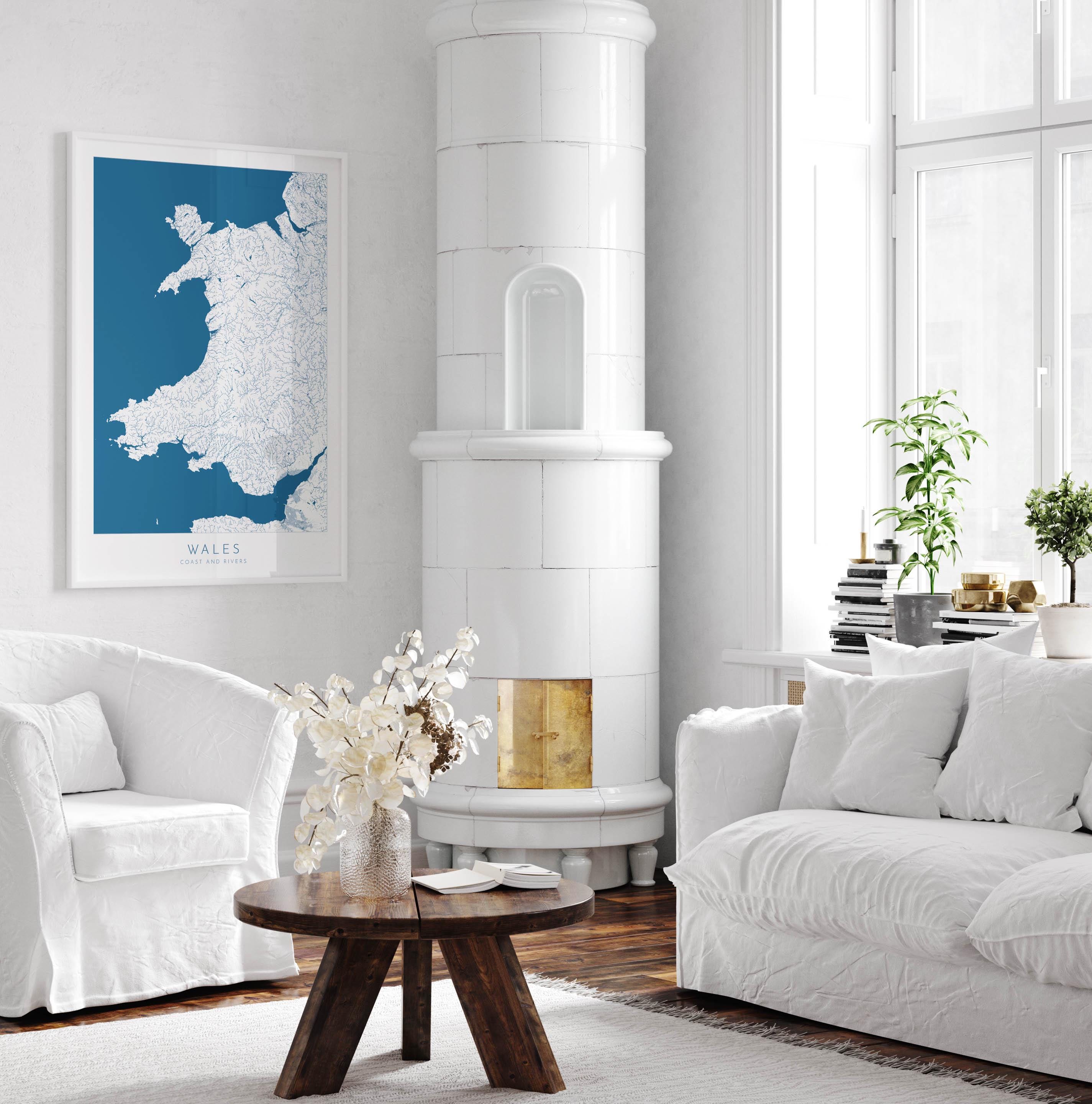 Wales Map Art - Wales Coast and Rivers Map, Wales Coastline and Rivers Art, Wales Art Poster