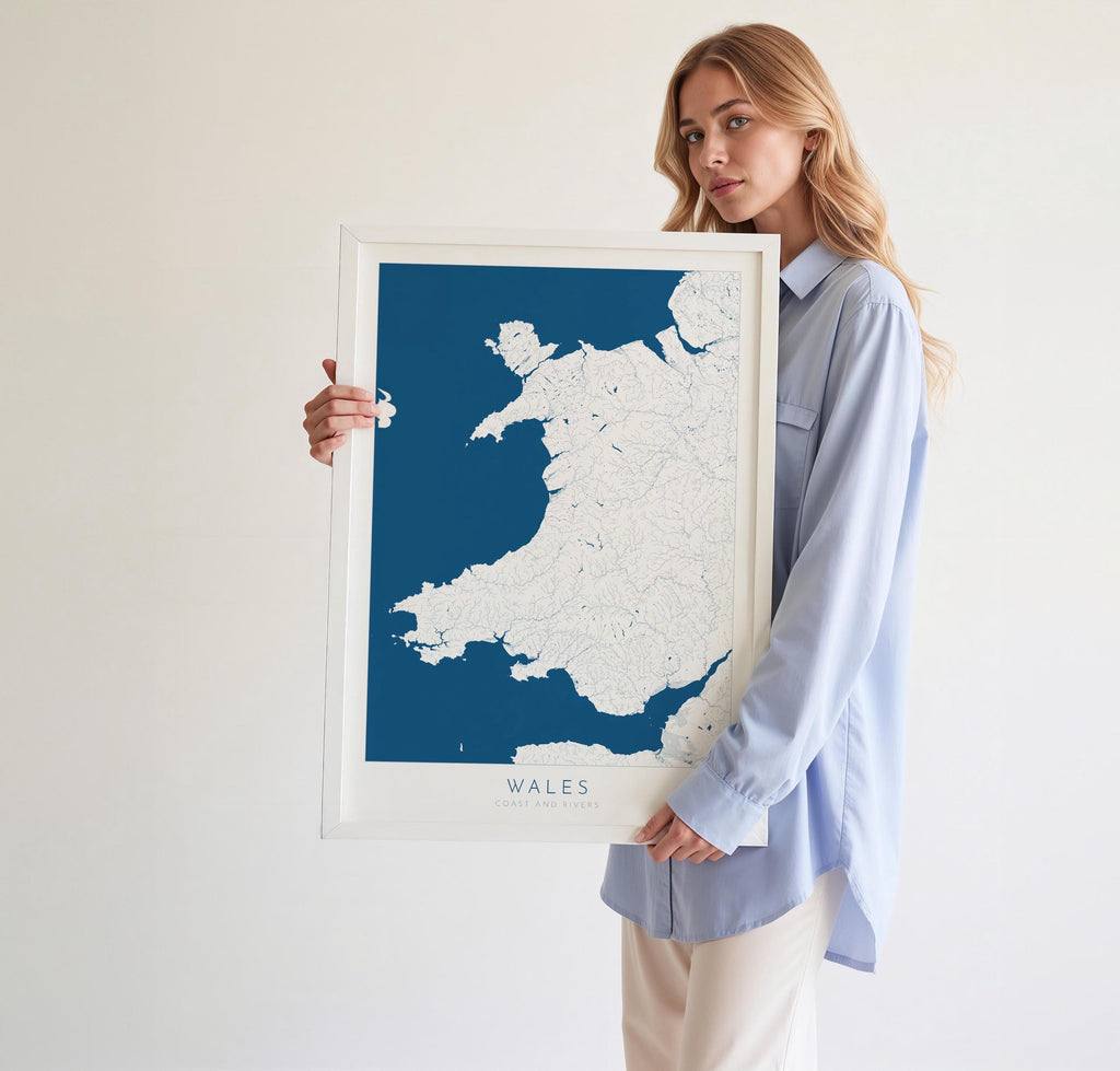 Wales Map Art - Wales Coast and Rivers Map, Wales Coastline and Rivers Art, Wales Art Poster