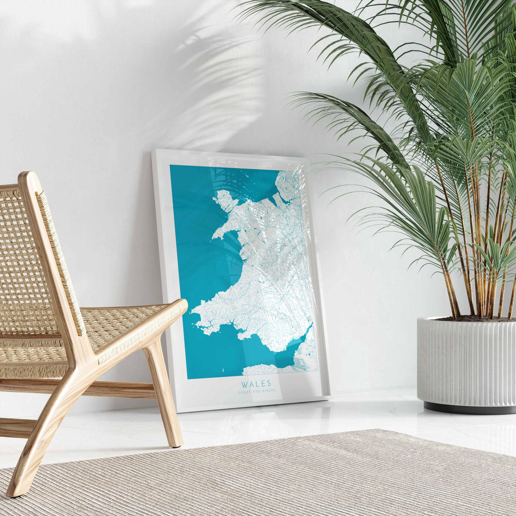Wales Map Art - Wales Coast and Rivers Map, Wales Coastline and Rivers Art, Wales Art Poster