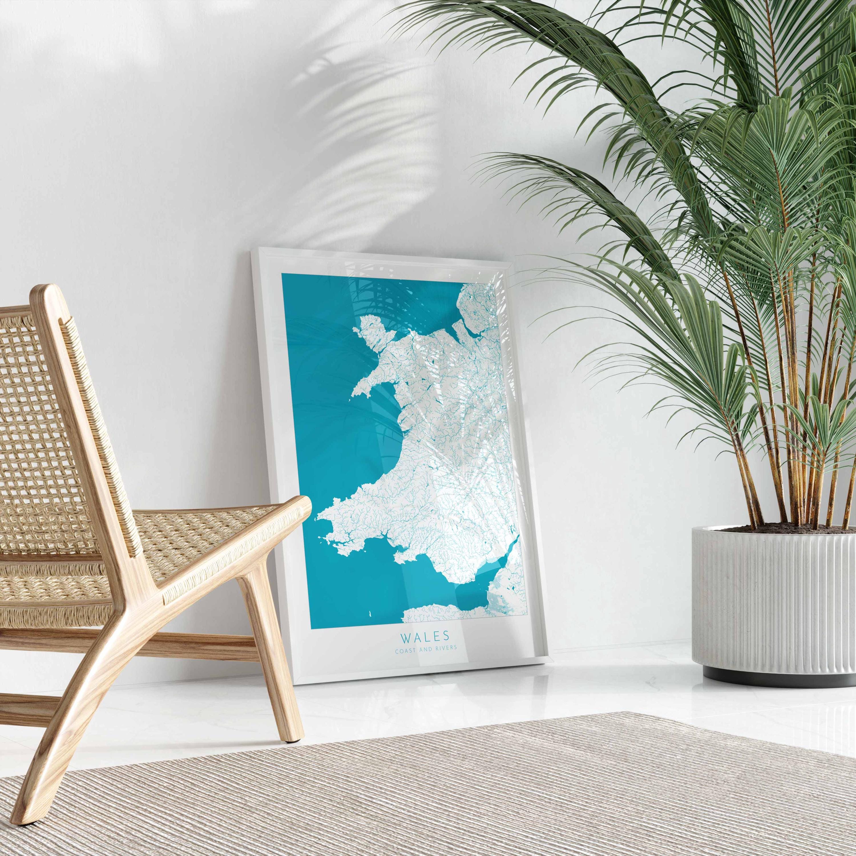 Wales Map Art - Wales Coast and Rivers Map, Wales Coastline and Rivers Art, Wales Art Poster