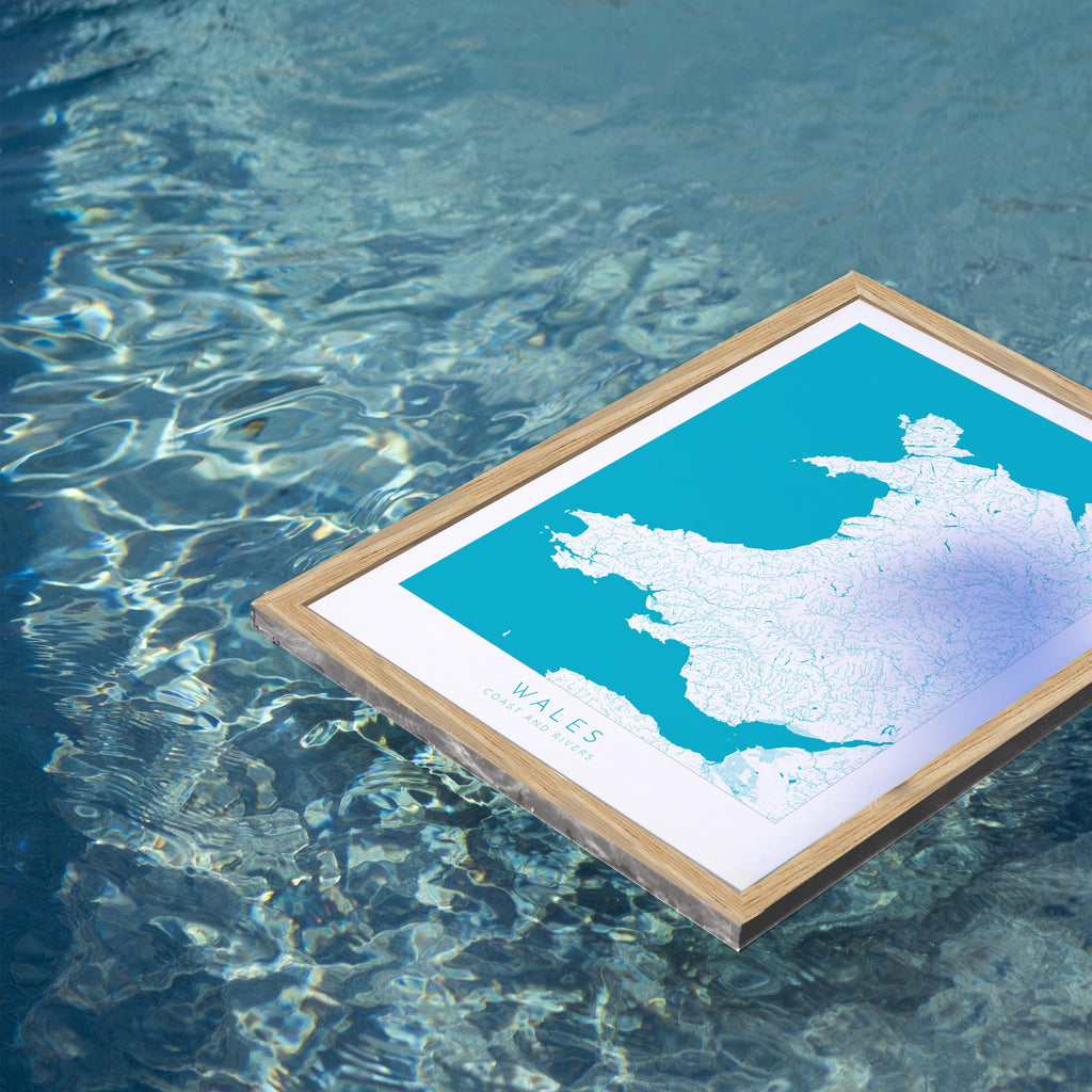 Wales Map Art - Wales Coast and Rivers Map, Wales Coastline and Rivers Art, Wales Art Poster
