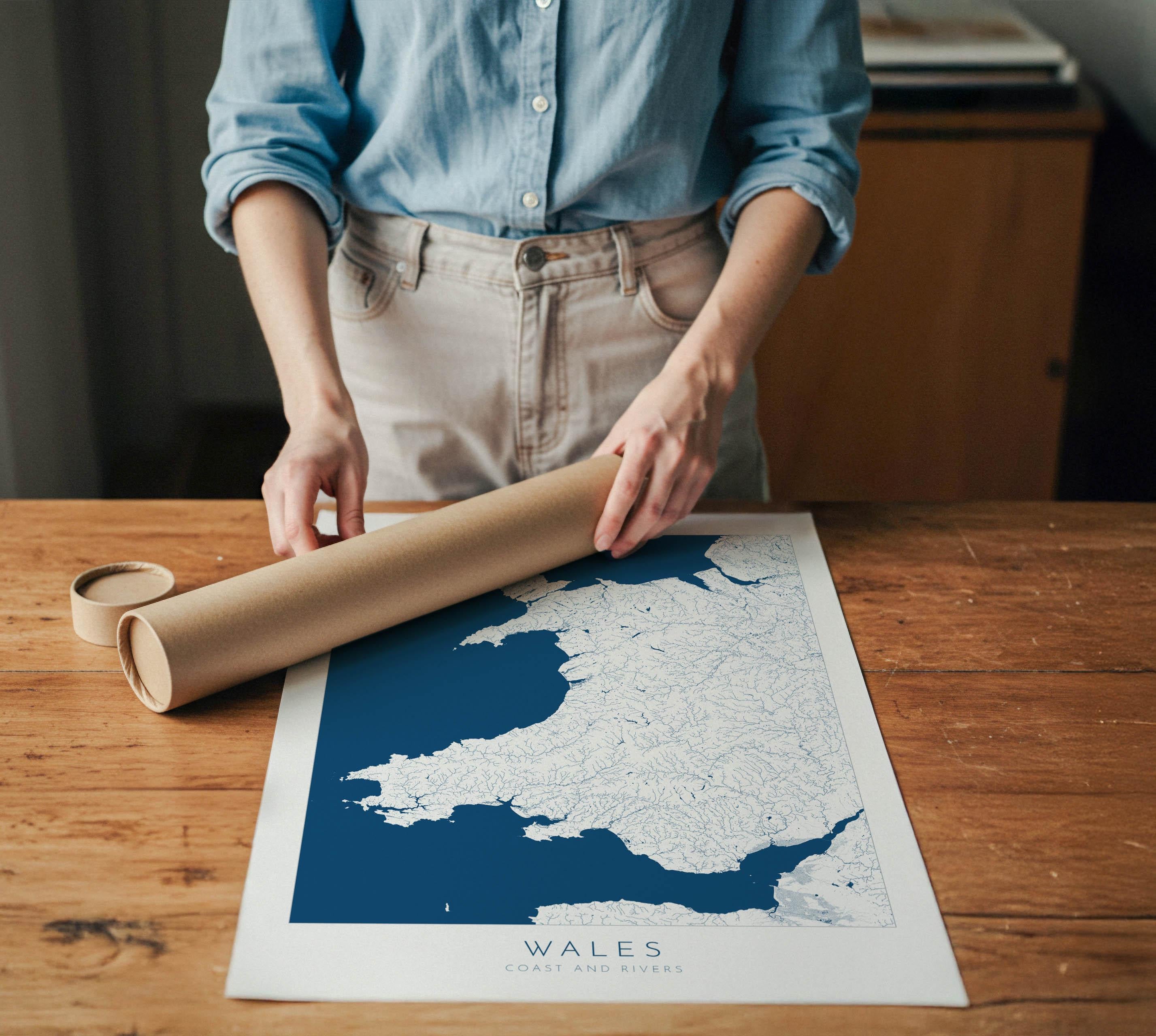 Wales Map Art - Wales Coast and Rivers Map, Wales Coastline and Rivers Art, Wales Art Poster