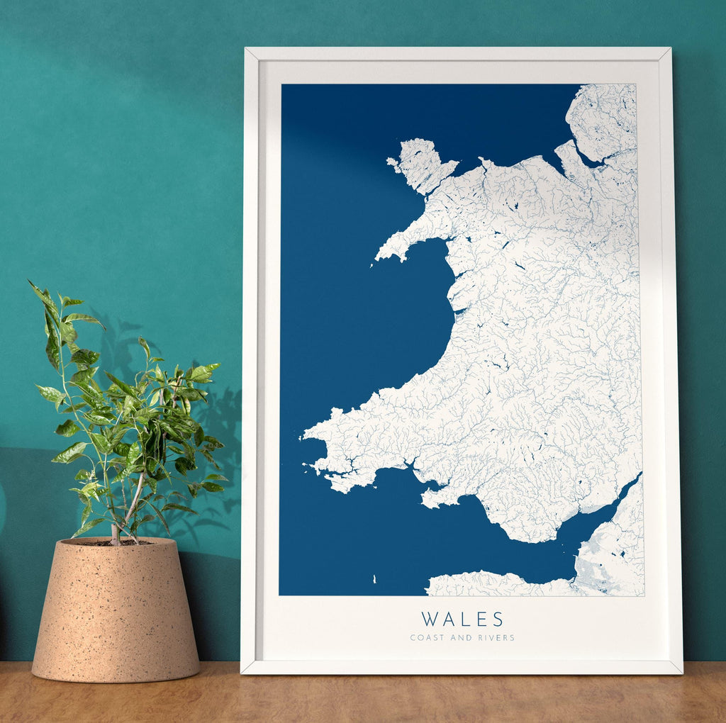 Wales Map Art - Wales Coast and Rivers Map, Wales Coastline and Rivers Art, Wales Art Poster