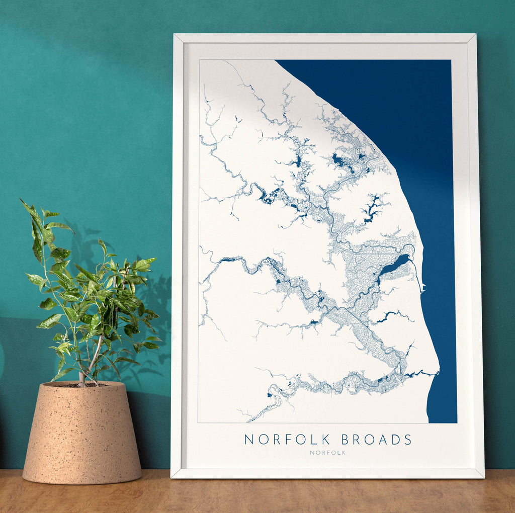 Norfolk Broads Map Art- Norfolk Broads Print, Norfolk Map, Norfolk UK, Map Art, River Art, Norfolk Coast, Norfolk Beaches, Great Yarmouth
