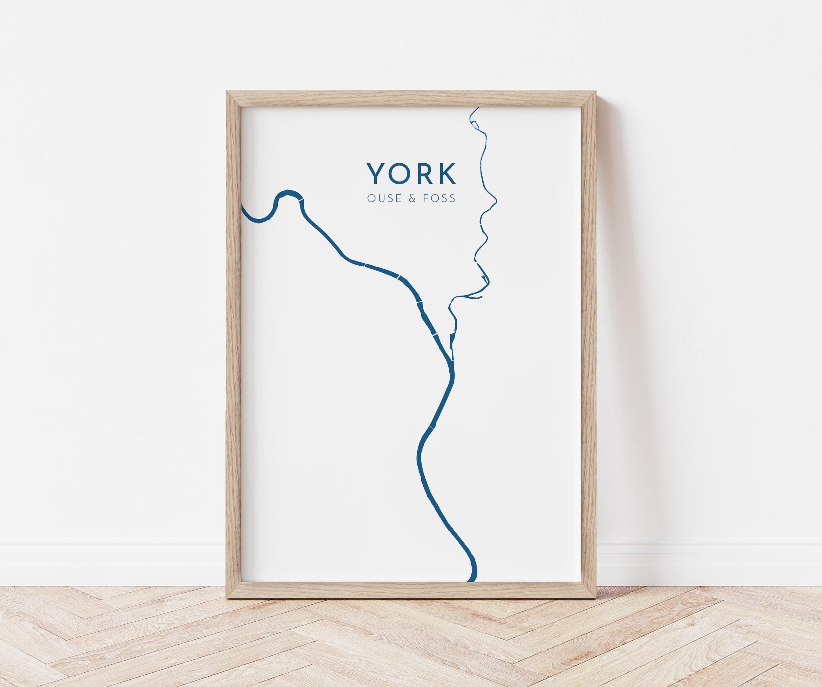 York Map Art - Yorkshire Map Art, York UK Map Art, River Ouse and Foss Map, York Travel Print