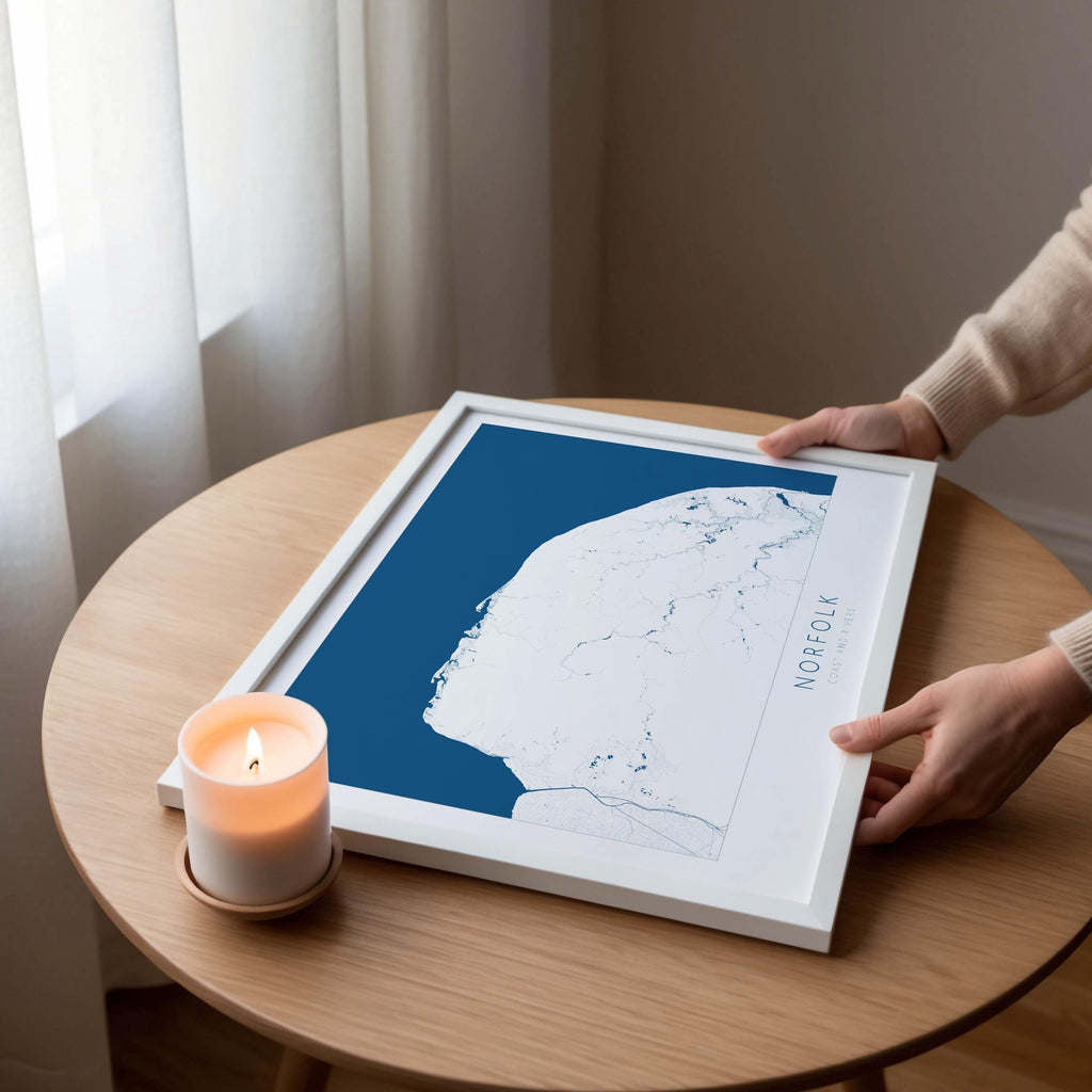 Norfolk Map Art Print - Norfolk Coast Poster, Norfolk Travel Print, Norfolk Rivers, Blakeney Point, Cromer art, Burnham Market, Holkham Art