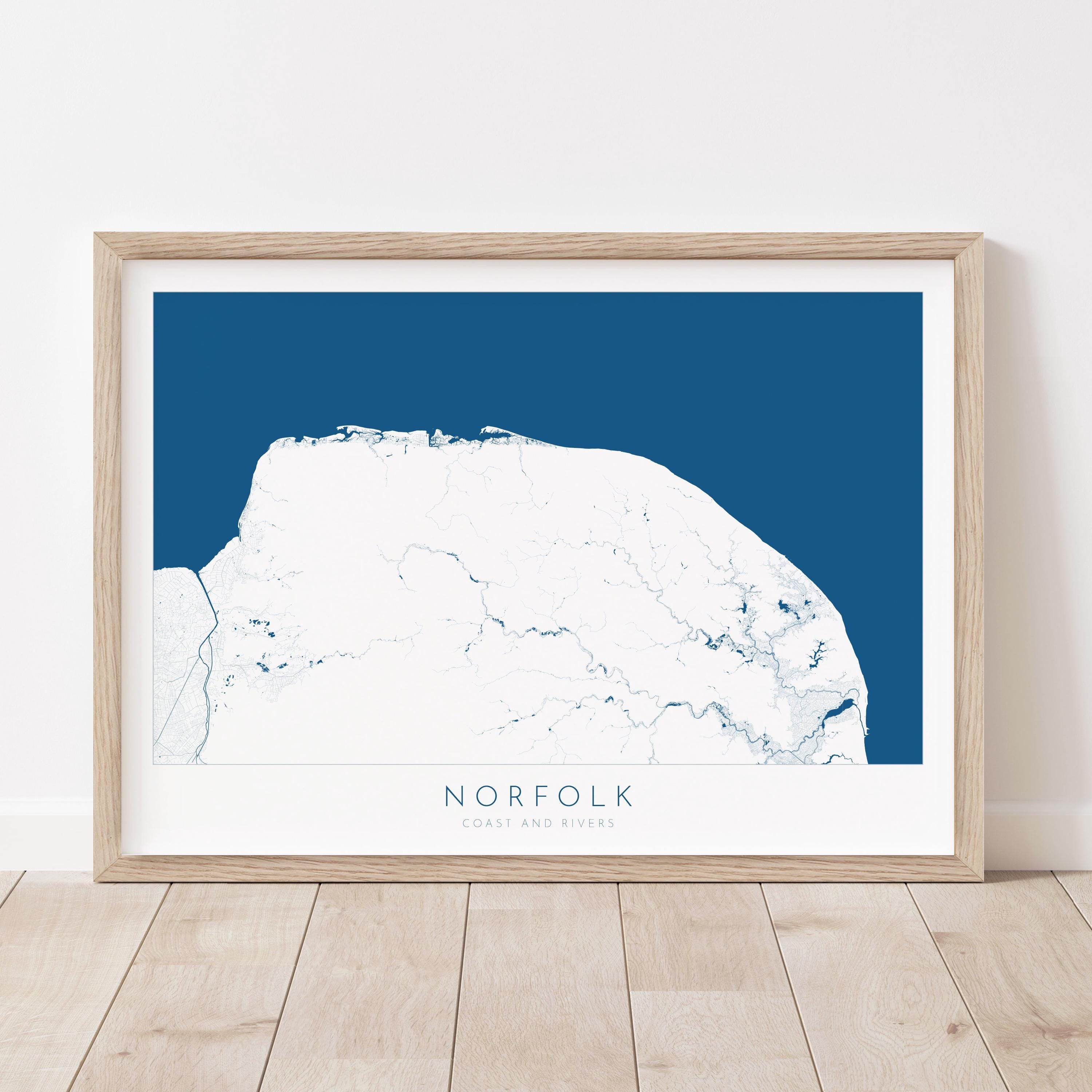 Norfolk Map Art Print - Norfolk Coast Poster, Norfolk Travel Print, Norfolk Rivers, Blakeney Point, Cromer art, Burnham Market, Holkham Art