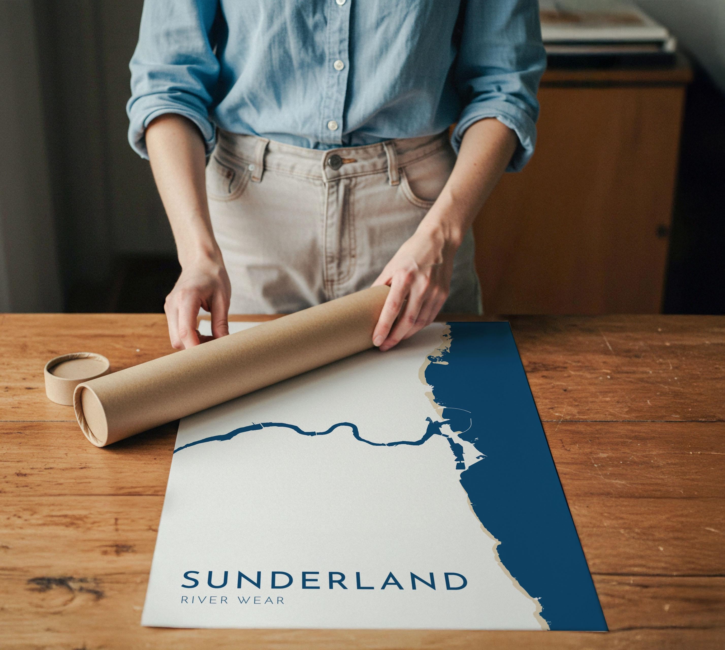 Sunderland Map Art - River Tyne Map, Sunderland City Art, North East England, Tyne and Wear Map, Nautical Décor, City Map Art, UK Cities
