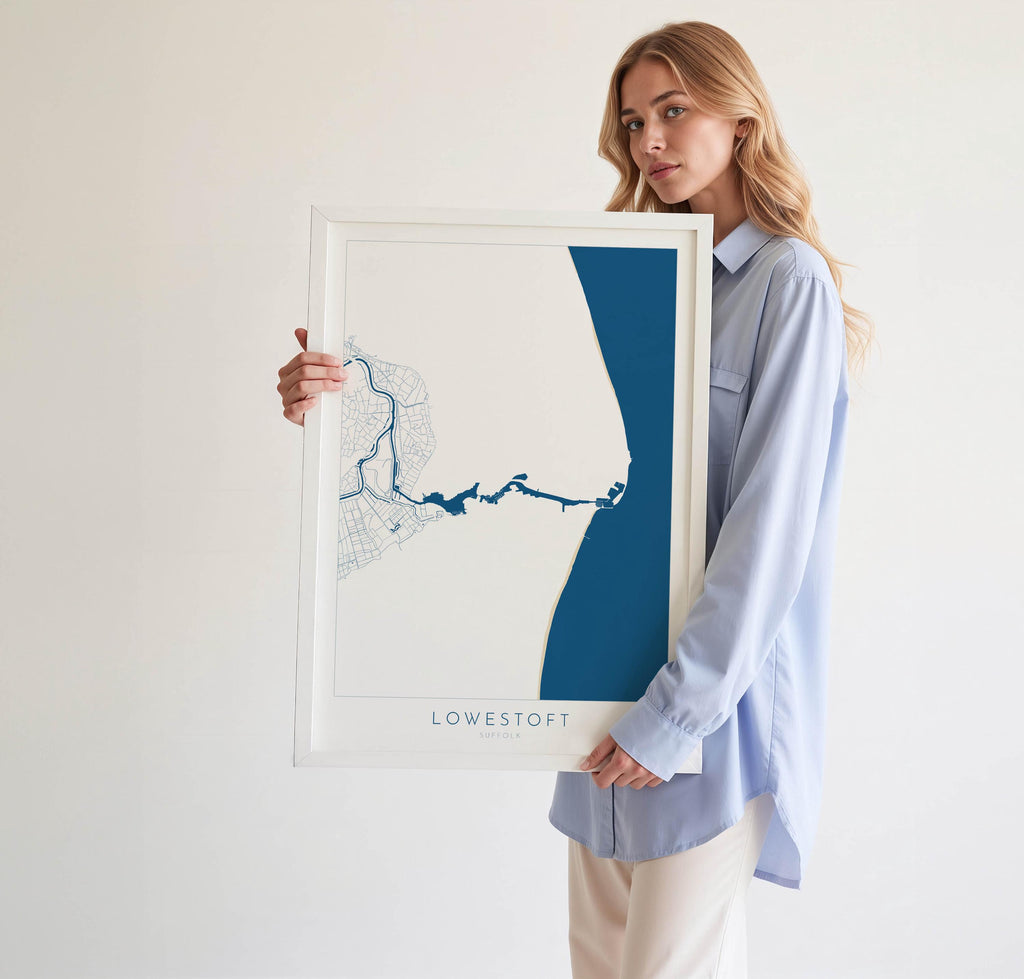 Lowestoft Map - Lowestoft Suffolk Art, Lowestoft UK, Lowestoft Beach, Suffolk Map, Oulton Broad Map Art, River Waveney