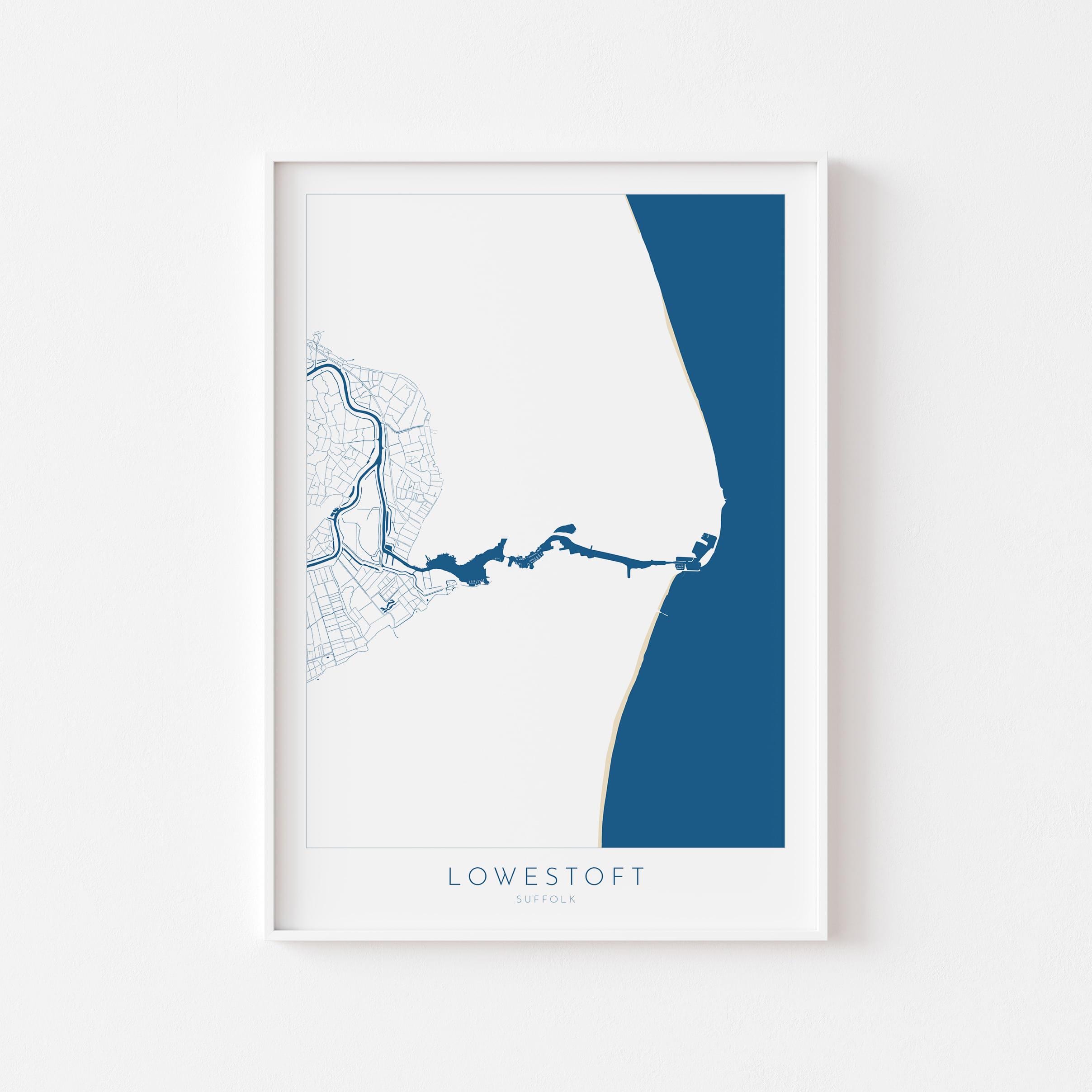 Lowestoft Map - Lowestoft Suffolk Art, Lowestoft UK, Lowestoft Beach, Suffolk Map, Oulton Broad Map Art, River Waveney