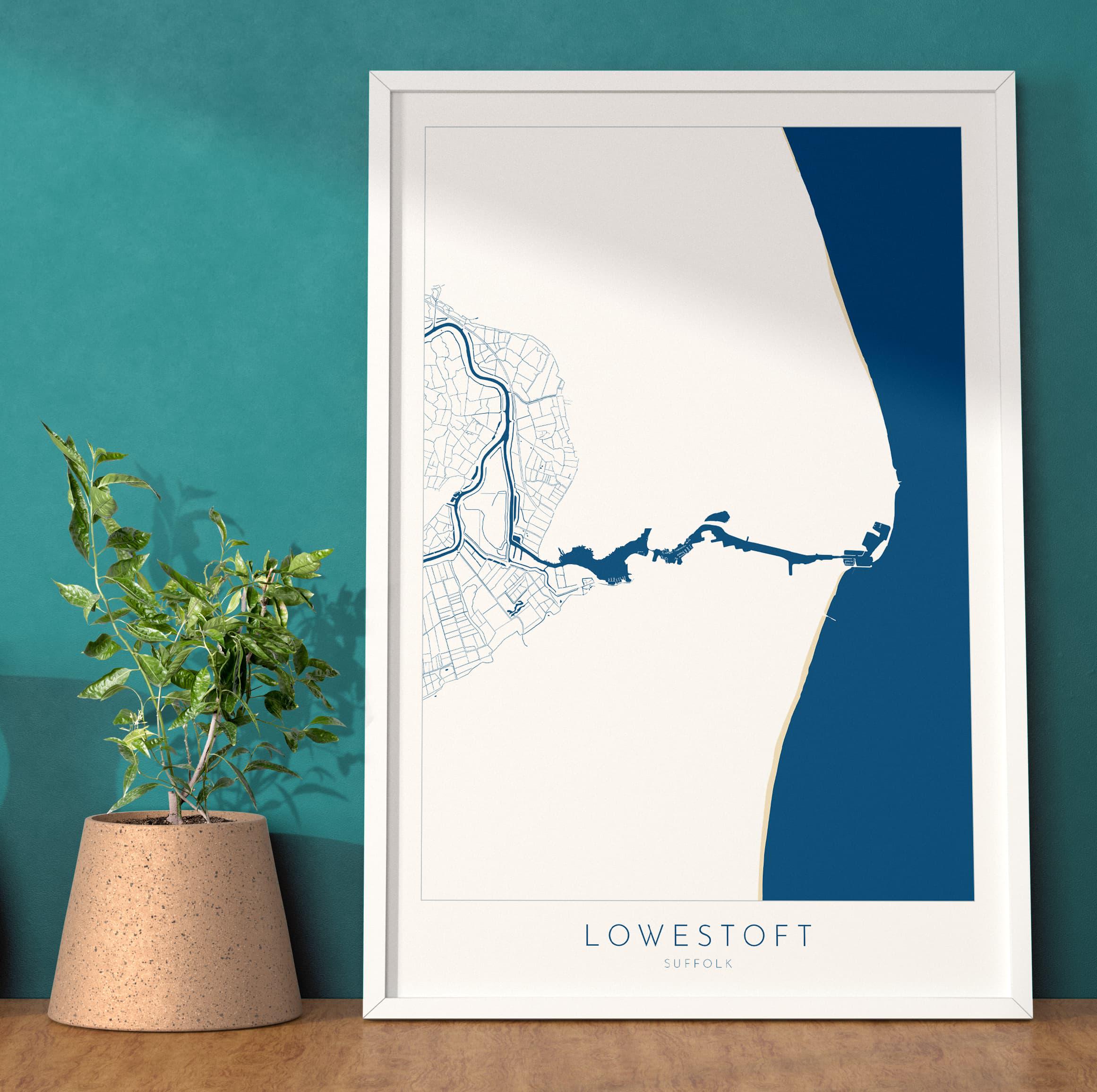 Lowestoft Map - Lowestoft Suffolk Art, Lowestoft UK, Lowestoft Beach, Suffolk Map, Oulton Broad Map Art, River Waveney