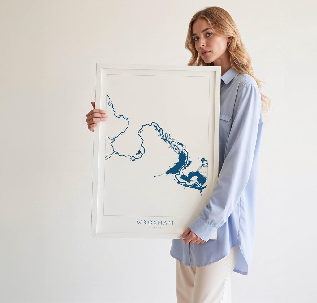 Wroxham Map - Norfolk Broads, Wroxham Norfolk Art Print, Hoveton Map, Norfolk UK, Norfolk Map, Wroxham Broad, Map Art, River Bure