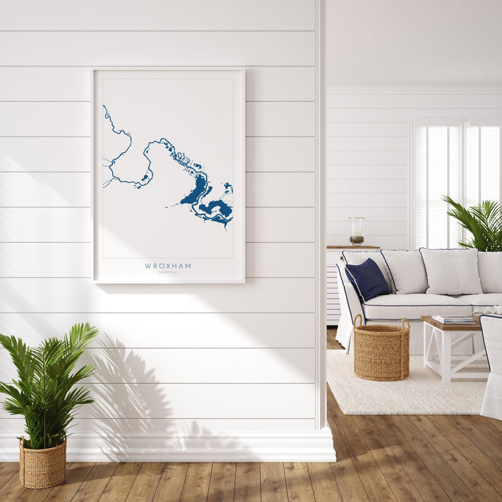 Wroxham Map - Norfolk Broads, Wroxham Norfolk Art Print, Hoveton Map, Norfolk UK, Norfolk Map, Wroxham Broad, Map Art, River Bure