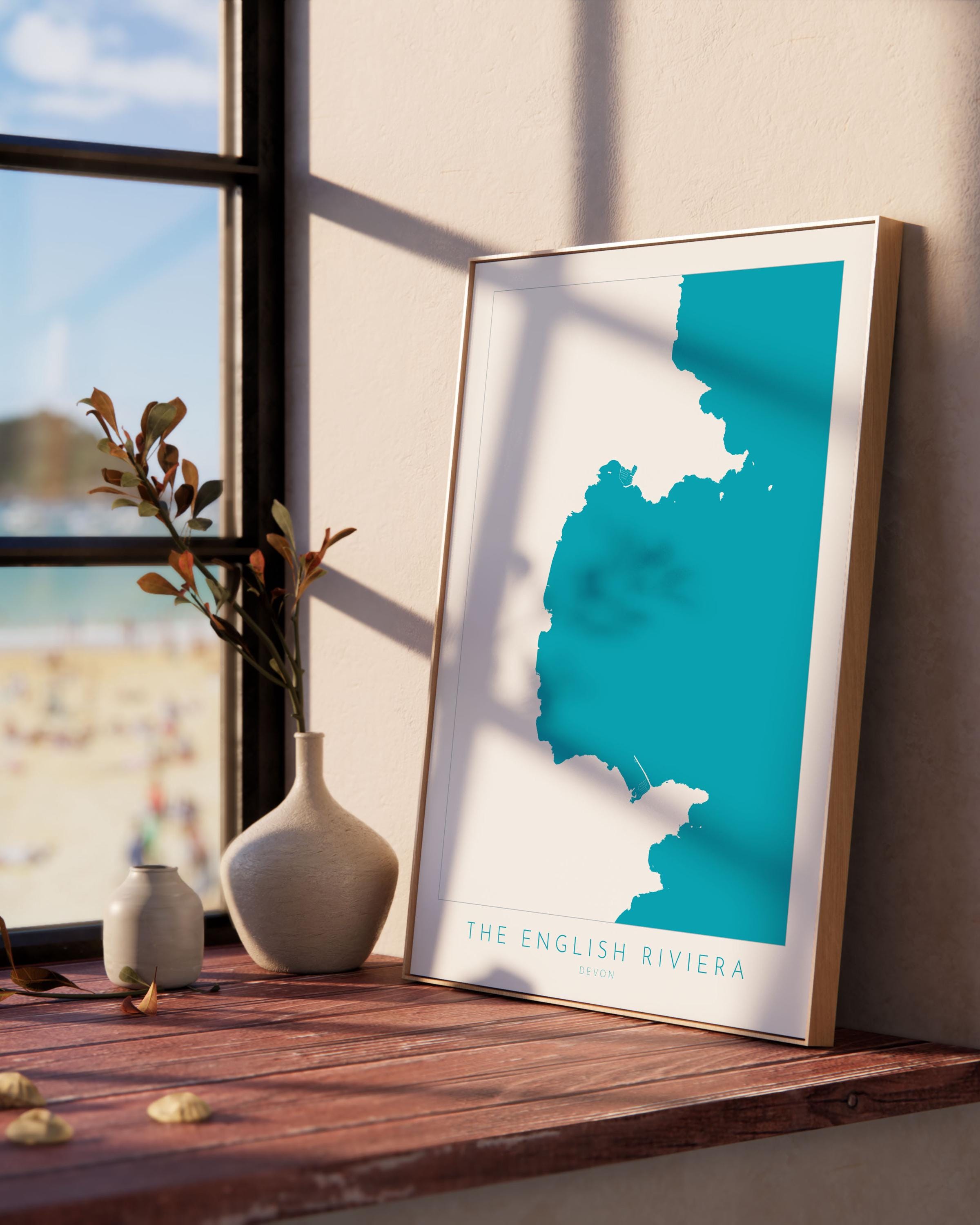 The English Riviera Print - Devon Map, Torbay Poster, Torquay Travel Print, Paignton Print, Brixham, Devon Coast, South Devon