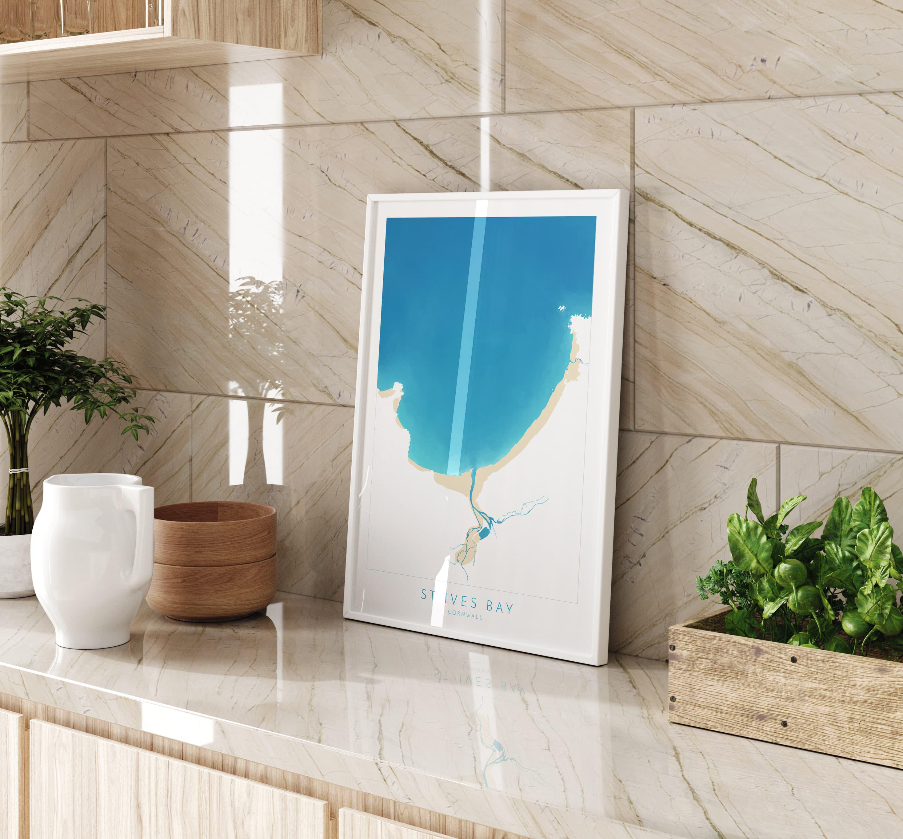 St Ives Bay Map Art - St Ives Beach Print, Hayle Map Art, Carbis Bay Art, Cornwall Beach Art, Cornwall Coast, Southwest Coast Path