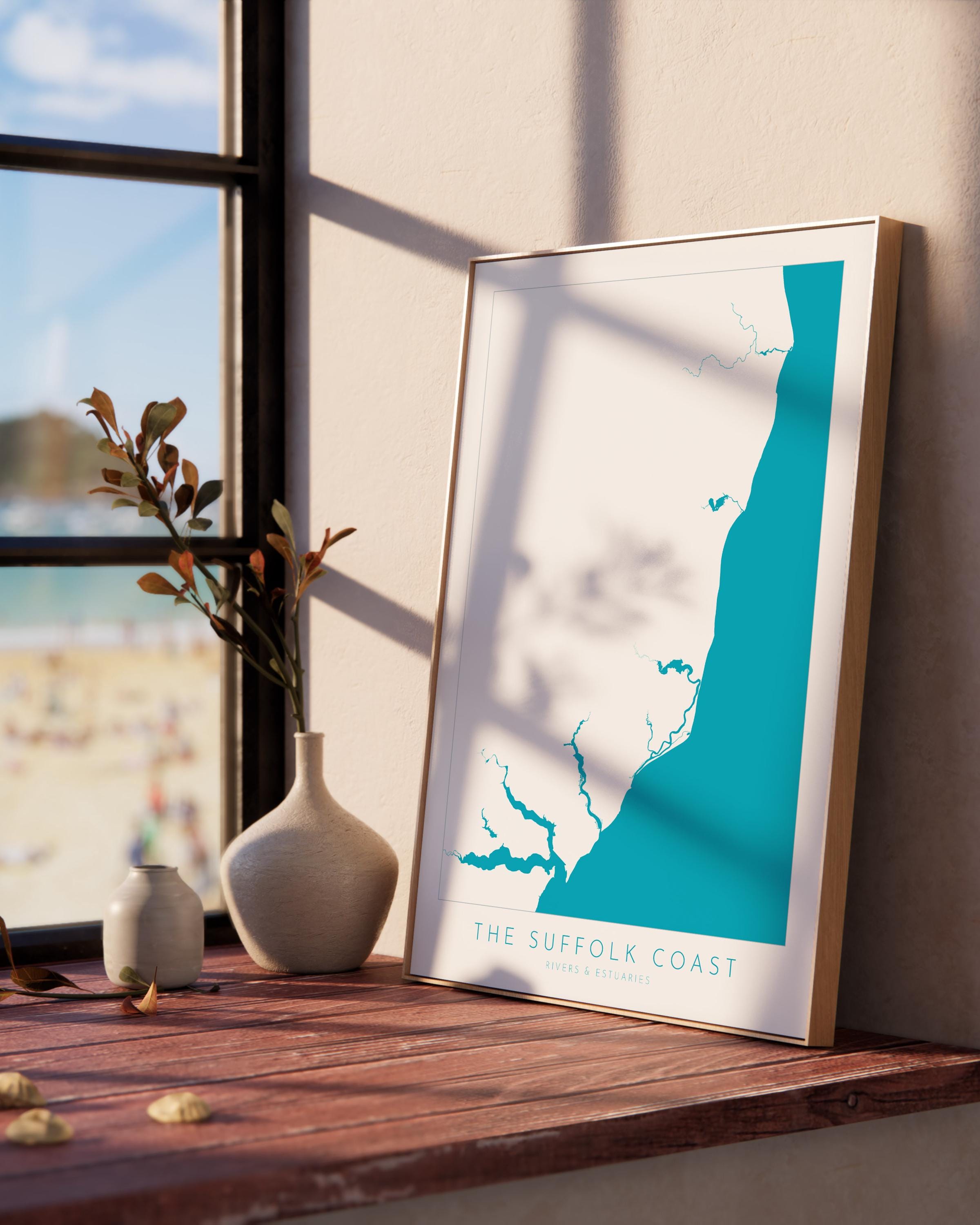 Suffolk Coast Map Art - Suffolk Map, Suffolk Coast Art, River Map, Suffolk Travel Print, River Orwell, River Deben, River Alde, River Blyth