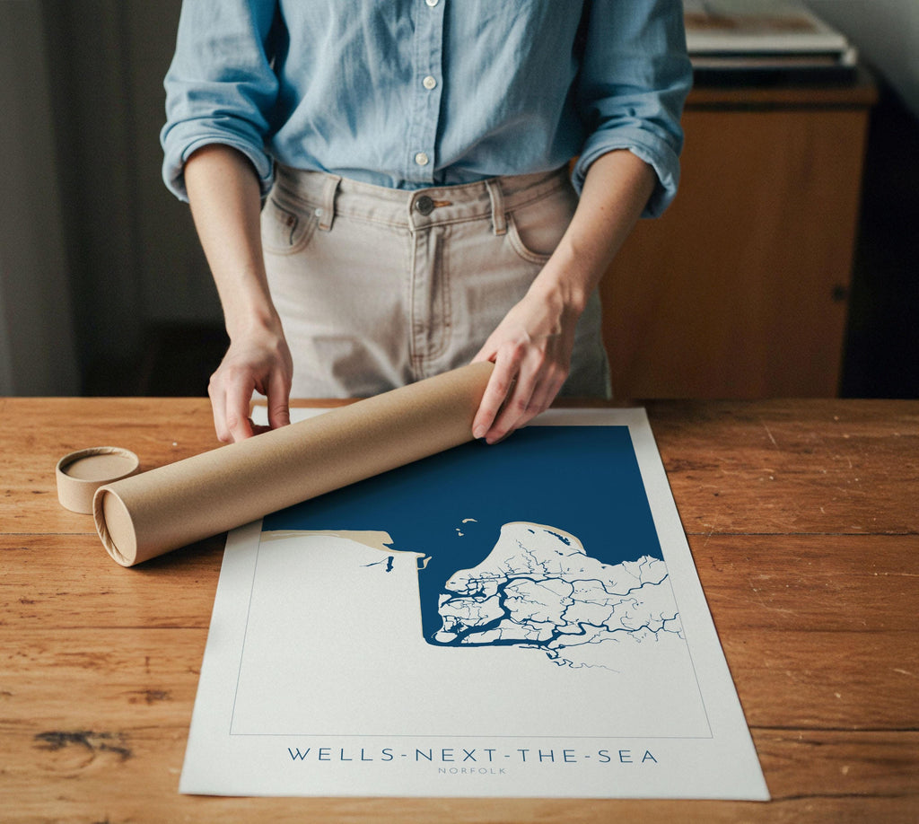 Wells-Next-the-Sea Map Art - Norfolk Coast, Wells Beach, Wells Map print, North Norfolk Map Art, East Fleet River, Norfolk Beaches