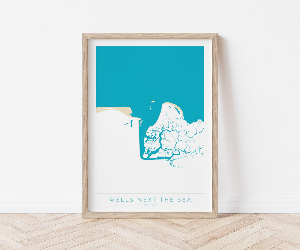 Wells-Next-the-Sea Map Art - Norfolk Coast, Wells Beach, Wells Map print, North Norfolk Map Art, East Fleet River, Norfolk Beaches