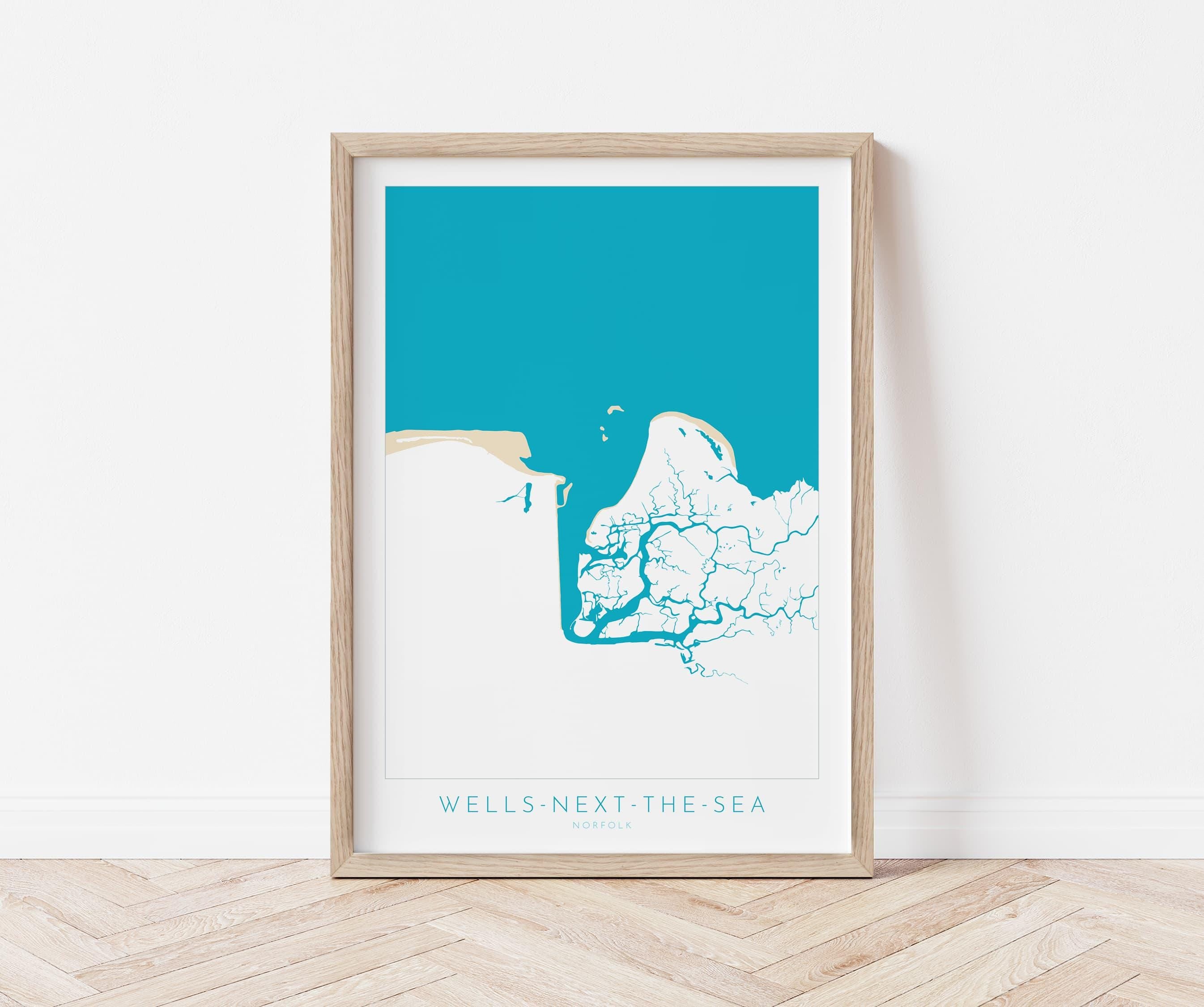 Wells-Next-the-Sea Map Art - Norfolk Coast, Wells Beach, Wells Map print, North Norfolk Map Art, East Fleet River, Norfolk Beaches