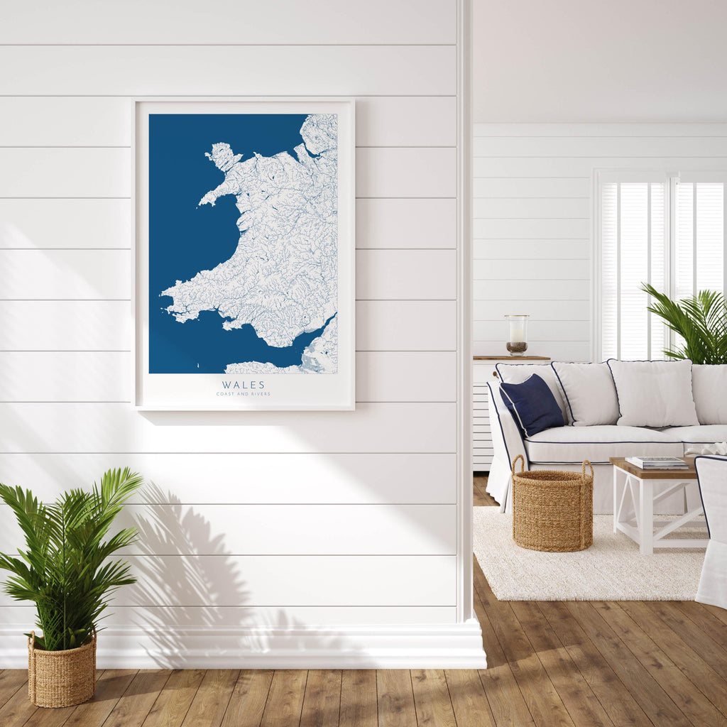 Wales Map Art - Wales Coast and Rivers Map, Wales Coastline and Rivers Art, Wales Art Poster