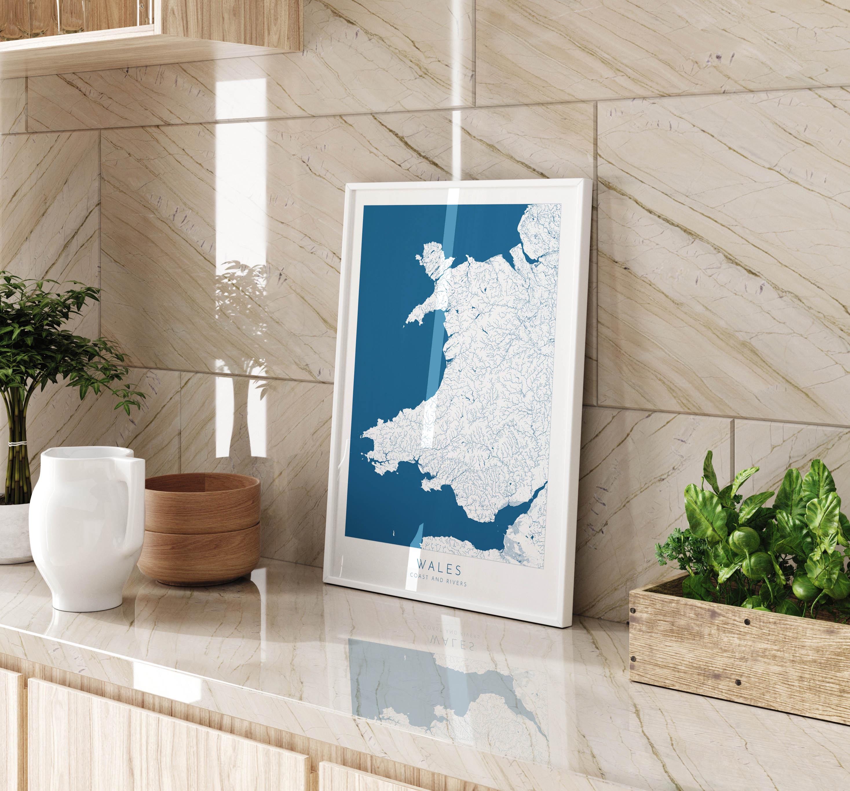 Wales Map Art - Wales Coast and Rivers Map, Wales Coastline and Rivers Art, Wales Art Poster