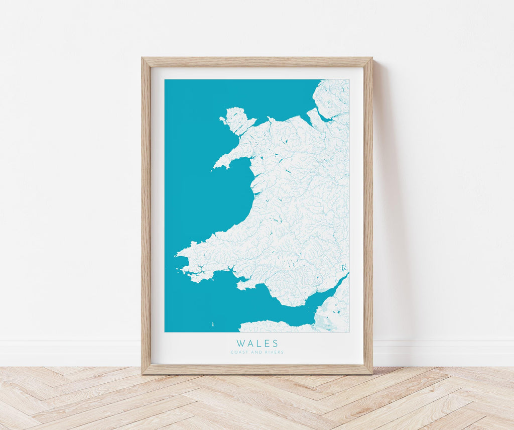 Wales Map Art - Wales Coast and Rivers Map, Wales Coastline and Rivers Art, Wales Art Poster